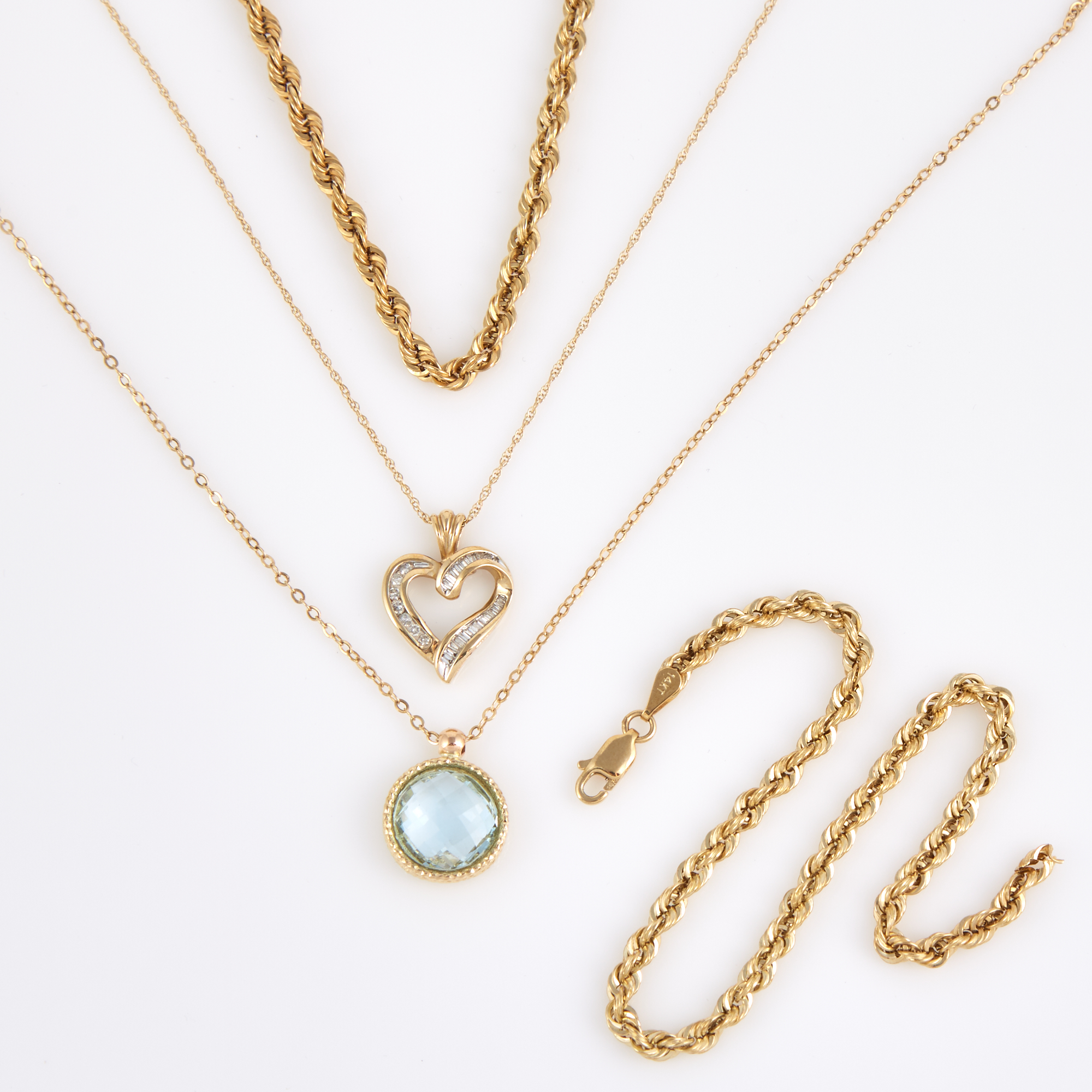 Lot image - Diamond Pendant, Gold and Stone Pendant and Three Neck Chains, 14K 7 dwt. all, damaged