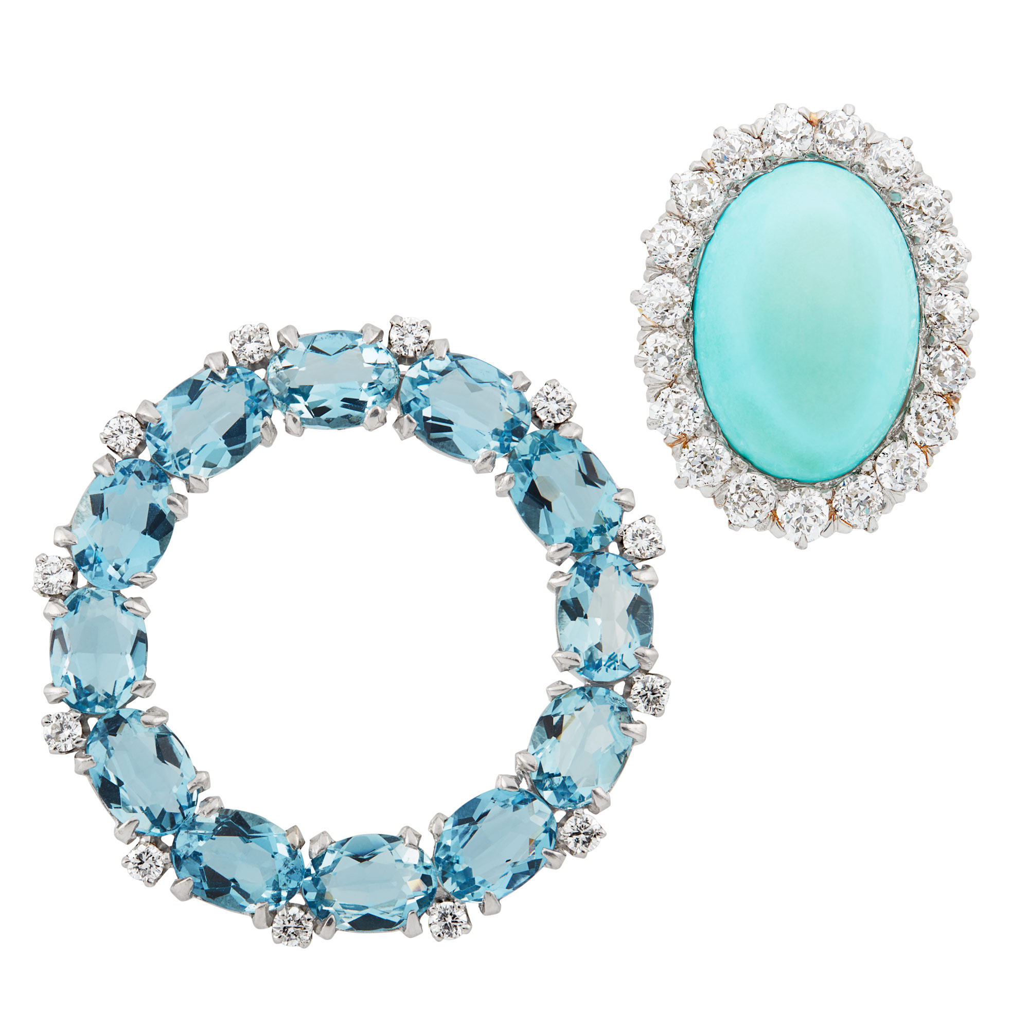 Lot image - Platinum, Diamond and Blue Topaz Circle Brooch together with an Antique Platinum-Topped Gold, Turquoise and Diamond Pin