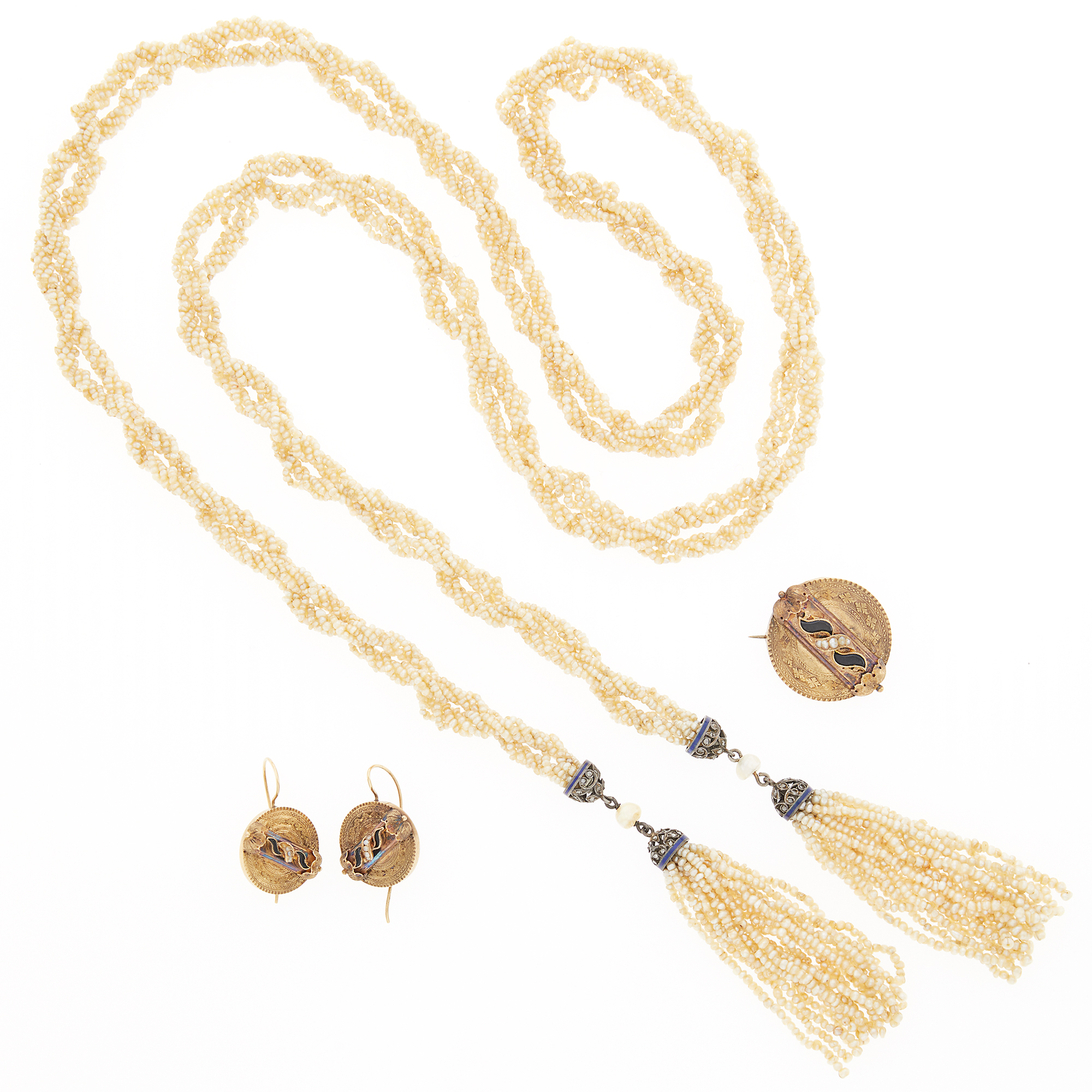 Lot image - Twisted Seed Pearl, Silver, Diamond and Enamel Lariat Fringe Necklace, Gold Pendant-Brooch and Pair of Earrings