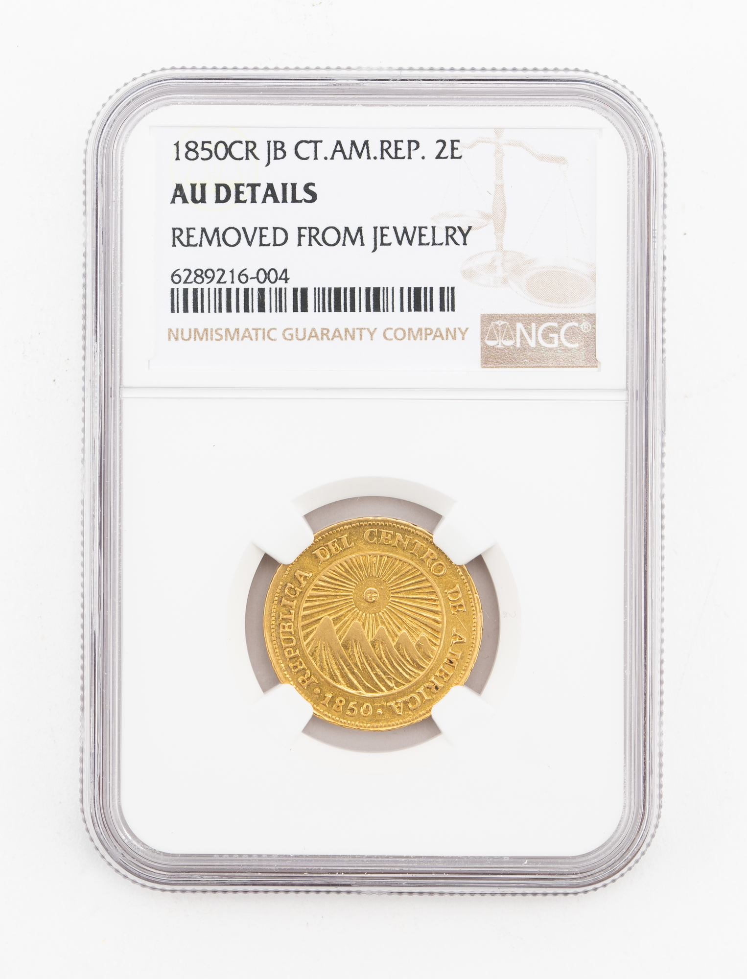 Lot image - Costa Rica, Central American Republic 1850 CR JB 2 Escudos KM# 15 Fr. 3 NGC AU Details