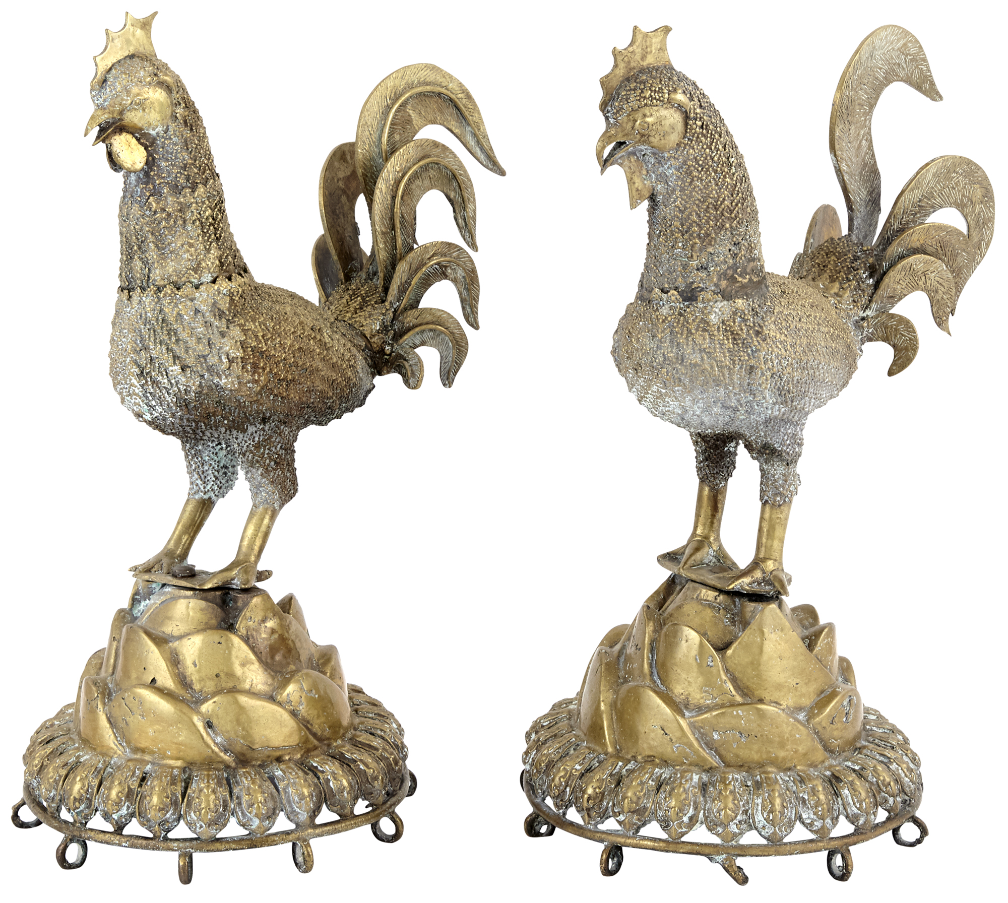 Lot image - Pair of Brass Standing Figures of Roosters, Possibly Indian