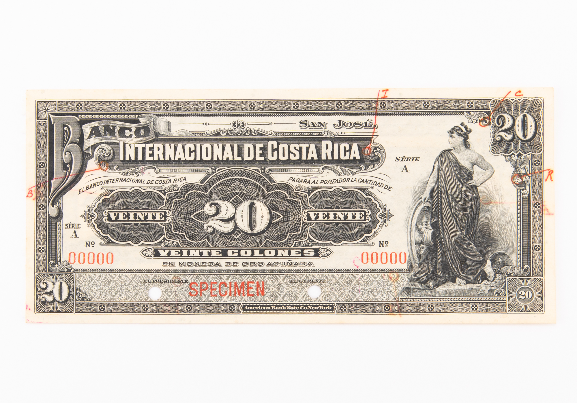 Lot image - Costa Rica, Banco International ND (1919-30) Viente Colones Specimen Note Pick# 162 S