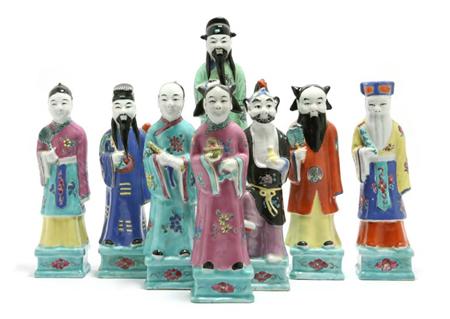 Lot image - Group of Eight Famille Rose Glazed Porcelain Figures of Immortals