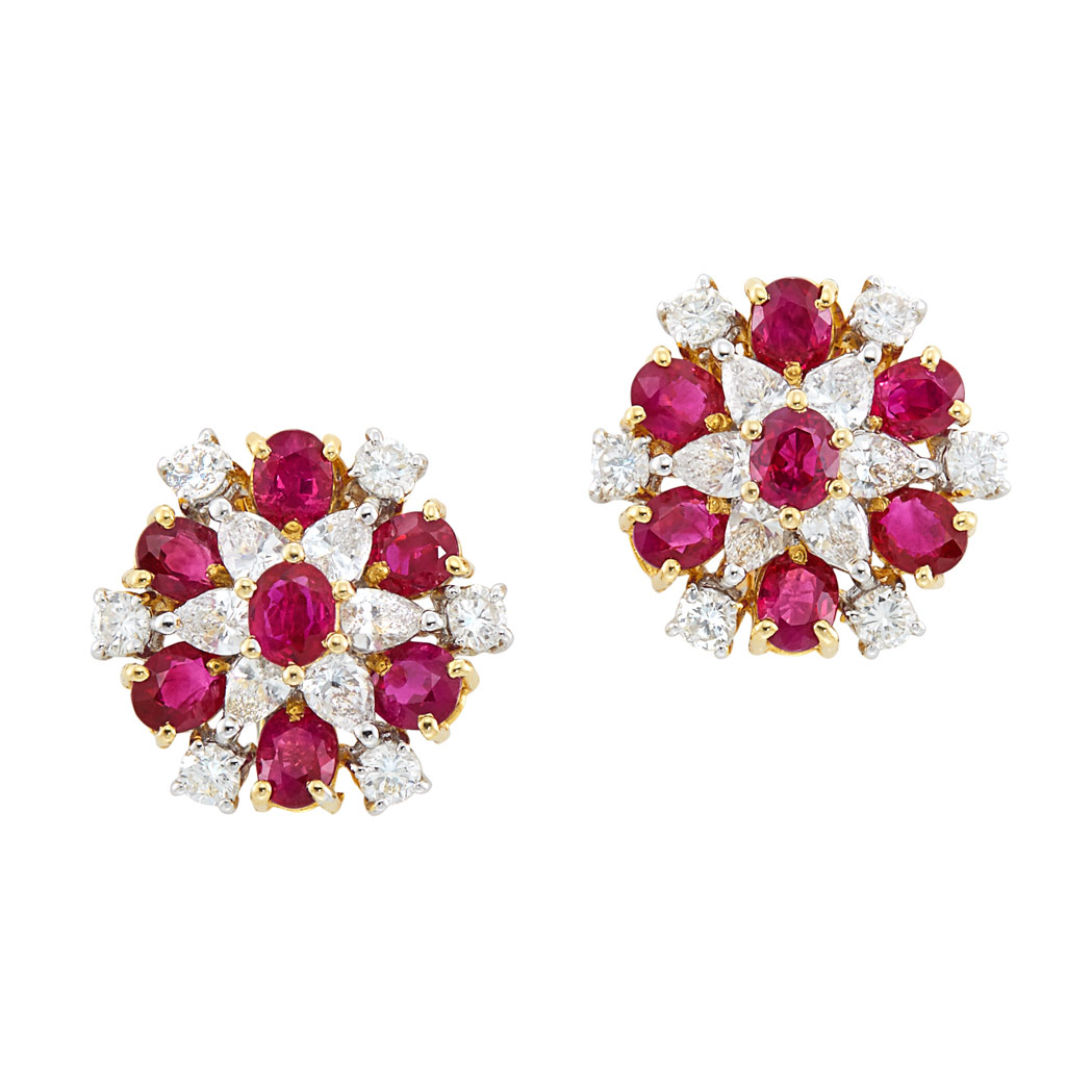 Lot image - Pair of Two-Color Gold, Ruby and Diamond Earclips