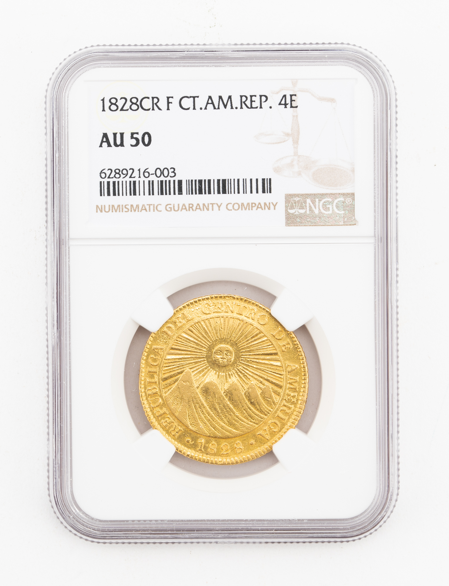 Lot image - Costa Rica, Central American Republic 1828 CR F Gold 4 Escudos KM# 16 Fr. 2 NGC AU 50
