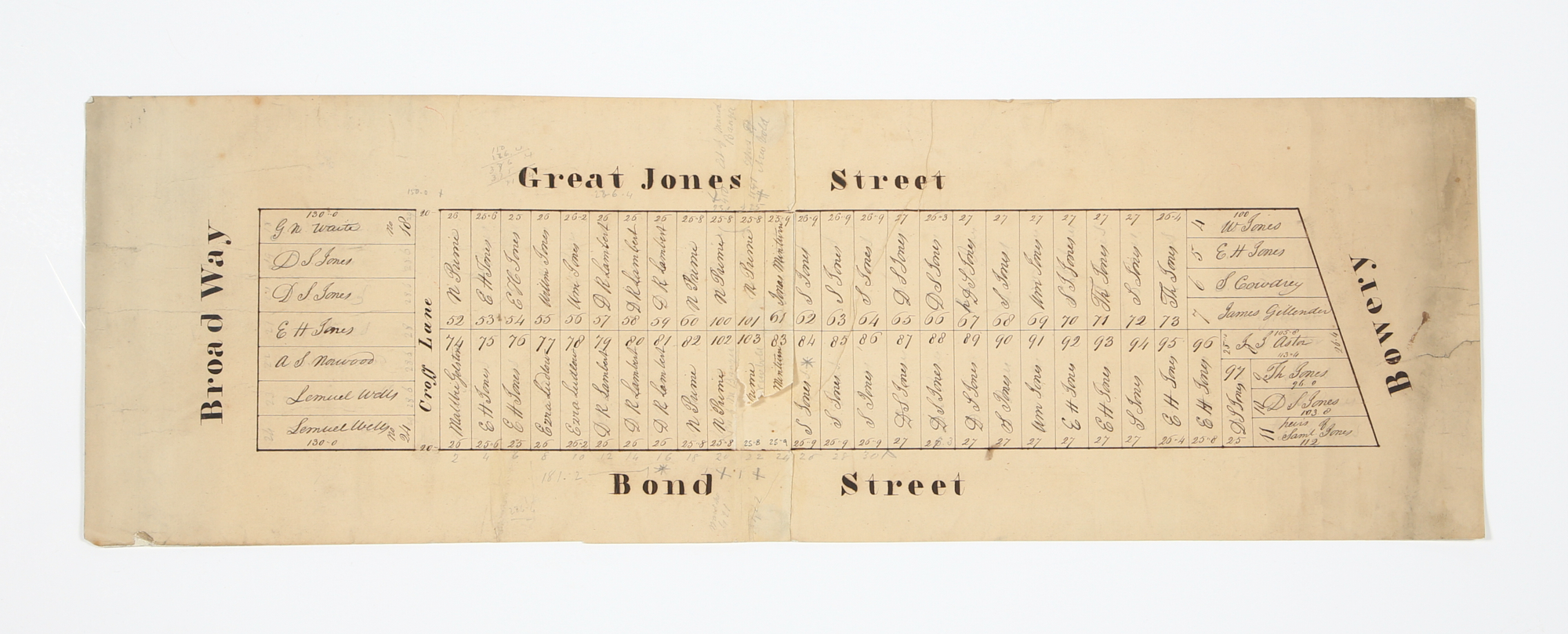 Lot image - [MAPS - NOHO]  Three nineteenth century manuscript survey maps showing Great Jones Street between Broadway and Bowery, as well as parts of Bond and Bleeker streets