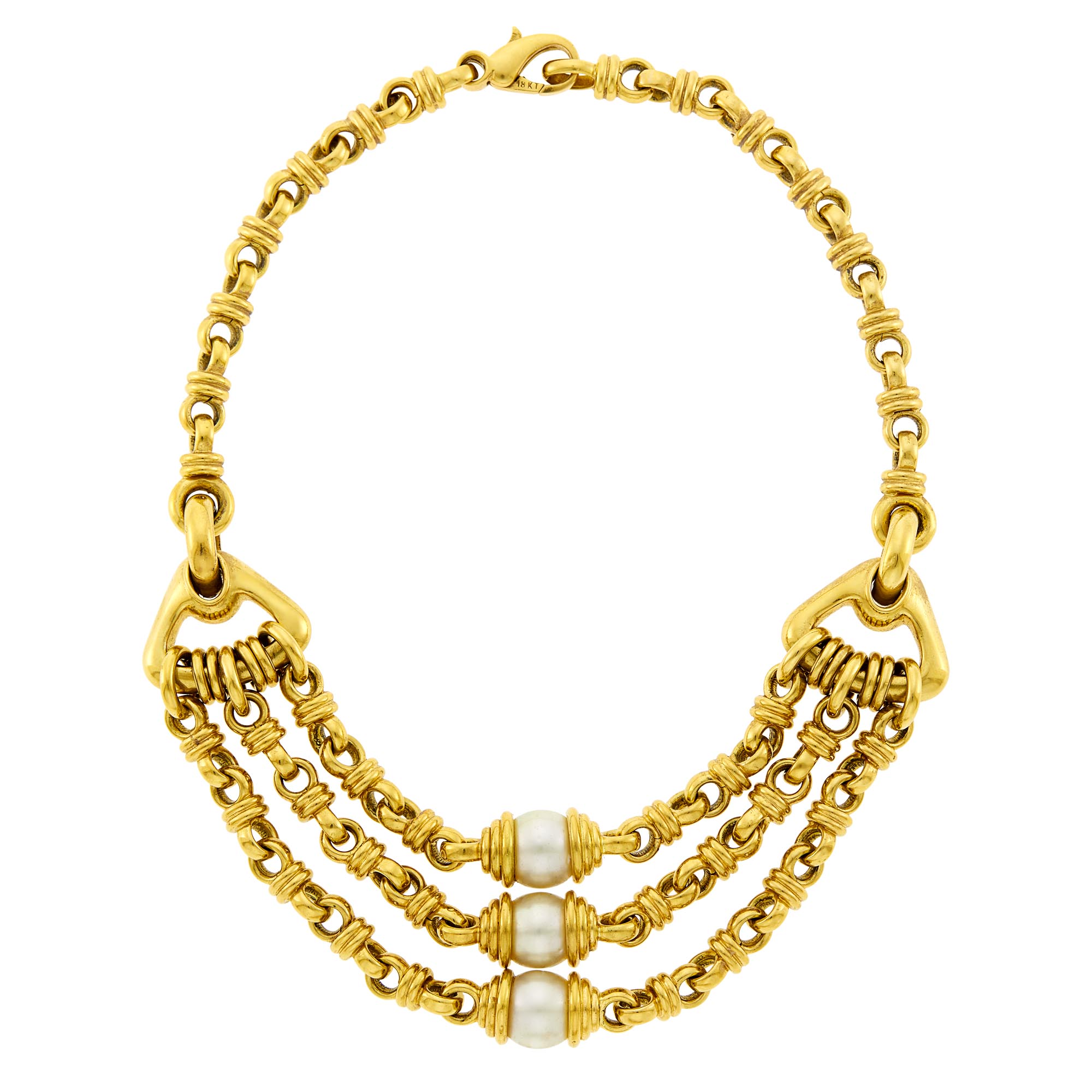 Lot image - Gold and South Sea Cultured Pearl Triple Strand Swag Necklace