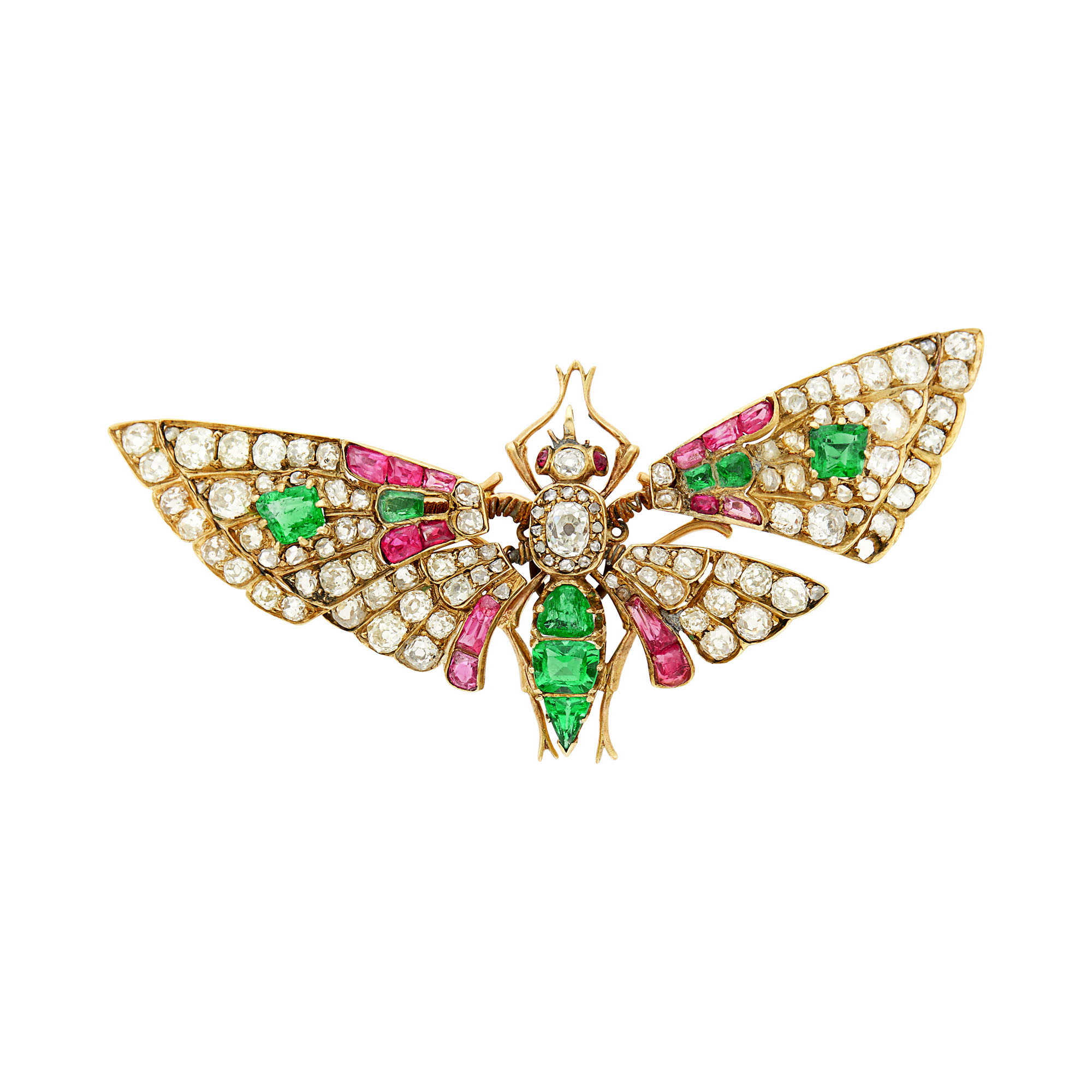 Lot image - Antique Gold, Emerald, Ruby and Diamond En Tremblant Butterfly Brooch