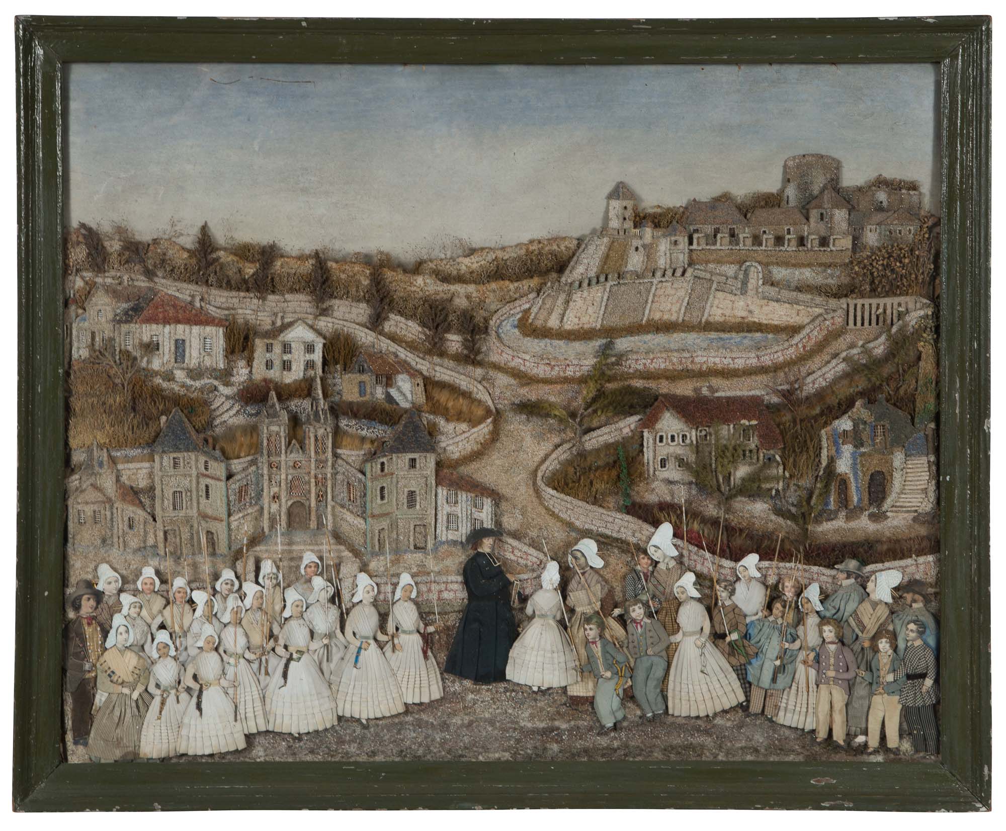 Lot image - Continental Mixed Media Picture of a Religious Procession in a Cityscape
