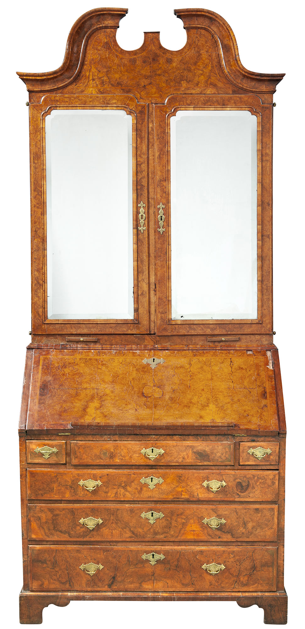 Lot image - George II Inlaid Burr and Figured Walnut Bureau Cabinet