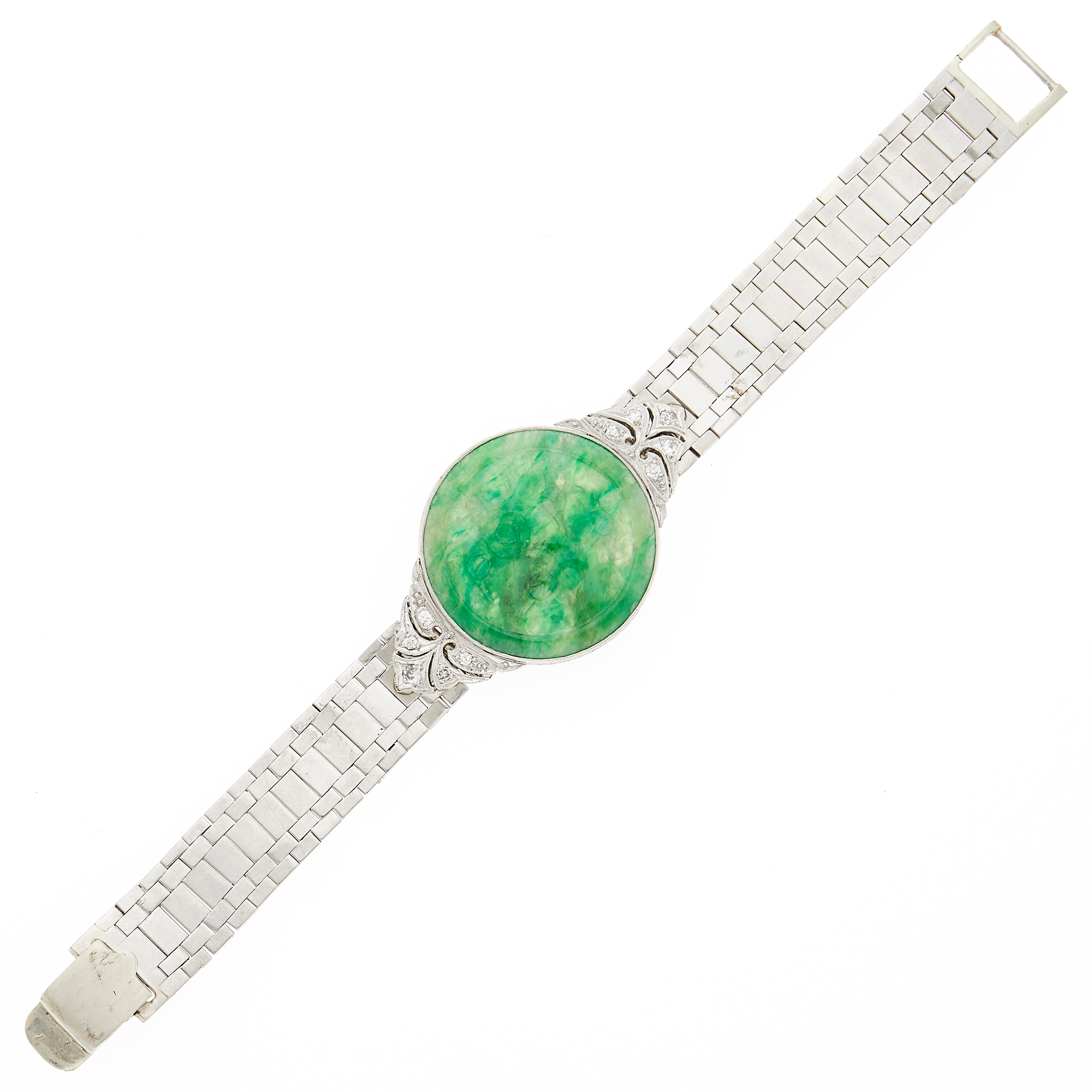 Lot image - White Gold, Carved Jade and Diamond Bracelet