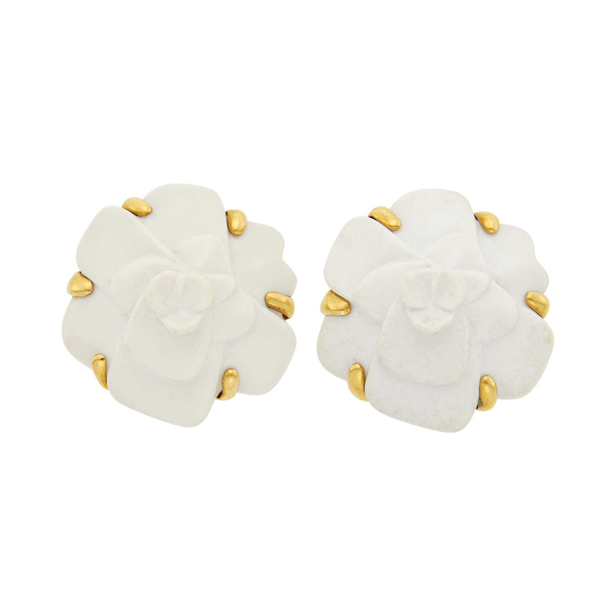 Lot image - Chanel Pair of Gold and White Ceramic Camelia Earclips, France