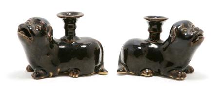 Lot image - Pair of Brown Glazed Porcelain Foo Lion Taperstick Holders