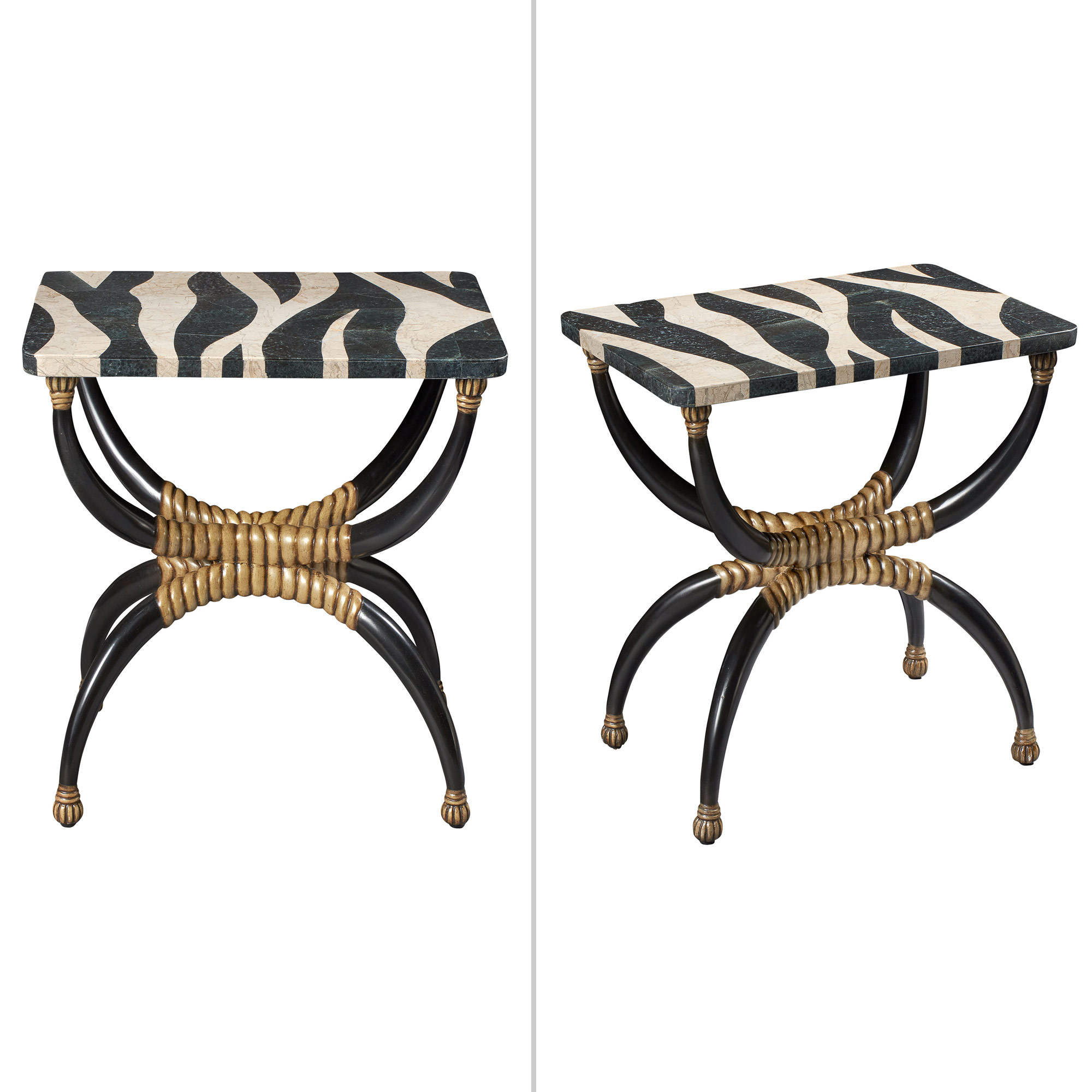 Lot image - Pair of Faux Zebra Painted Marble and Wood Side Tables