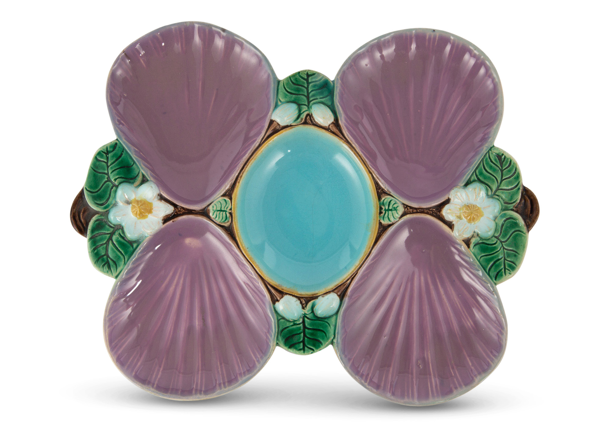 Lot image - Joseph Holdcroft Majolica Pink-Ground Shell and Pond Lily Four-Pocket Oyster Plate