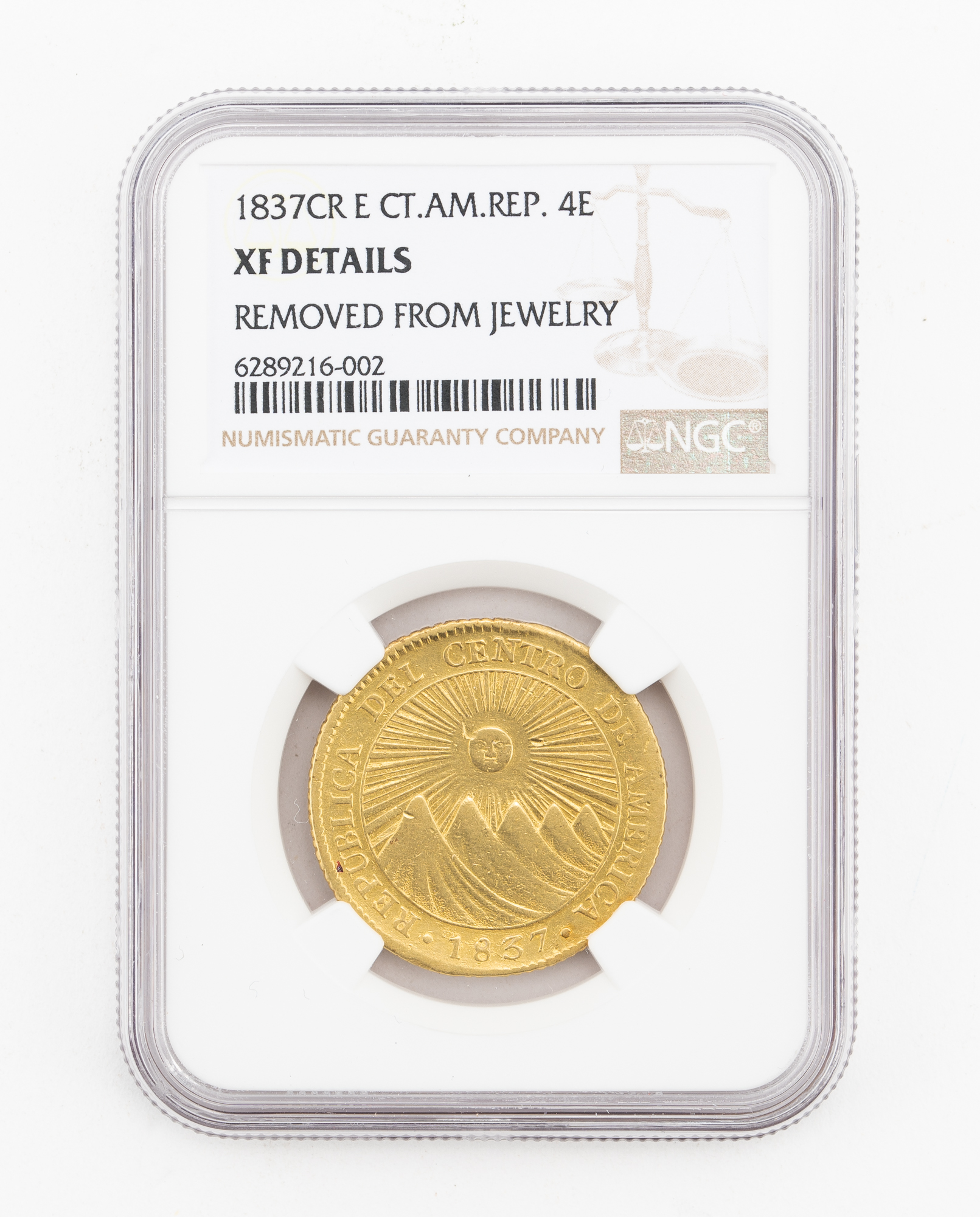 Lot image - Costa Rica, Central American Republic 1837 CR E Gold 4 Escudos KM# 16, Fr. 2 NGC XF Details
