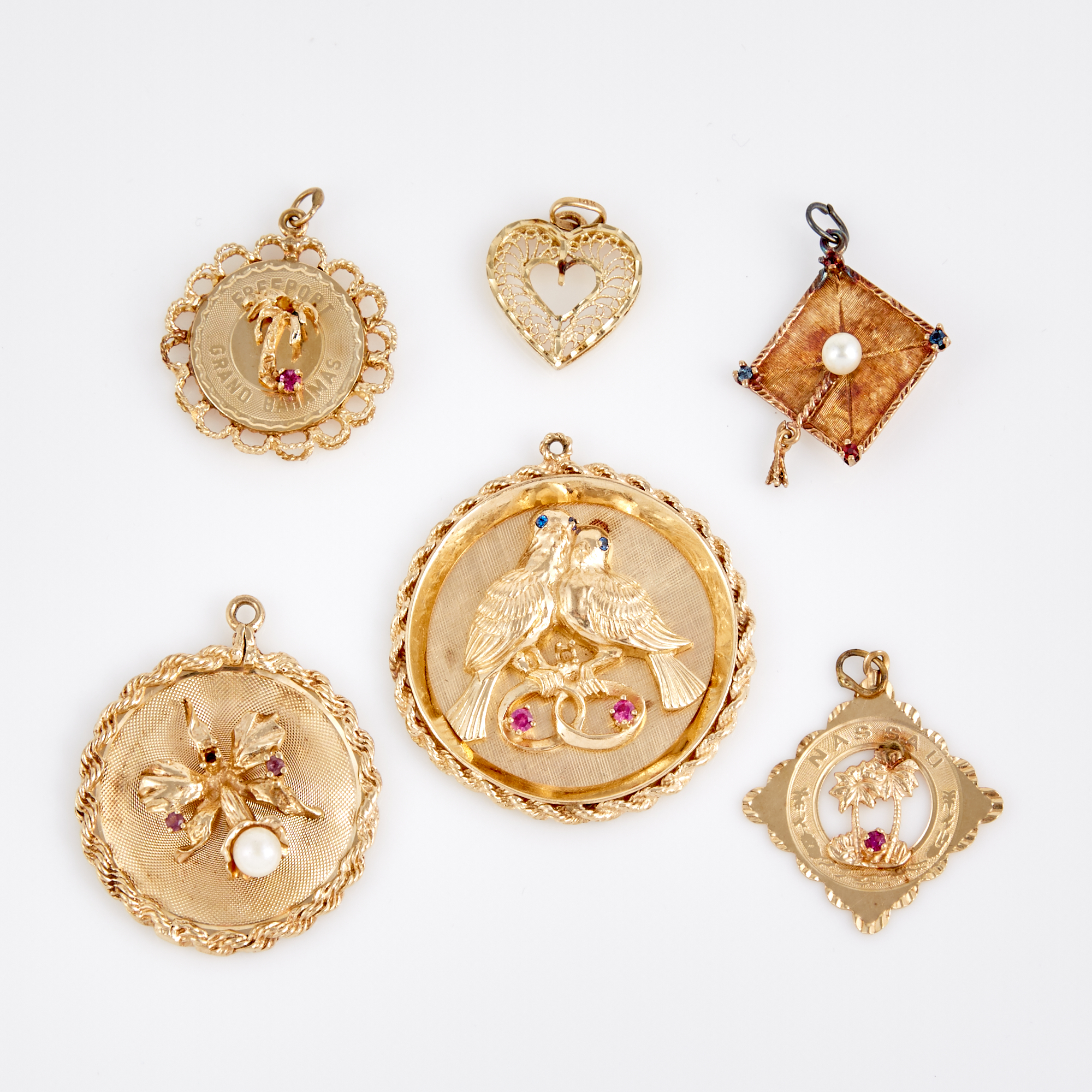 Lot image - Six Gold, Bead and Stone Pendants, 14K 25 dwt. all, stone missing