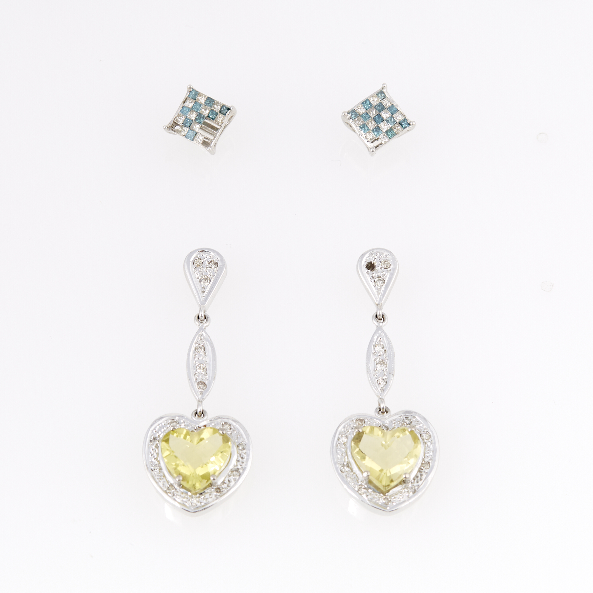 Lot image - Four Diamond and Stone Earrings, 18K 6 dwt. and 14K 1 dwt. all, stones loose and missing