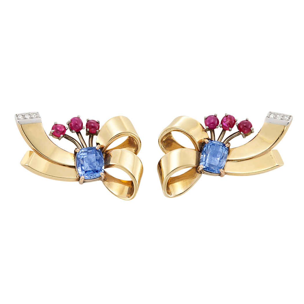 Lot image - Pair of Retro Gold, Platinum, Sapphire, Ruby and Diamond Bow Earclips