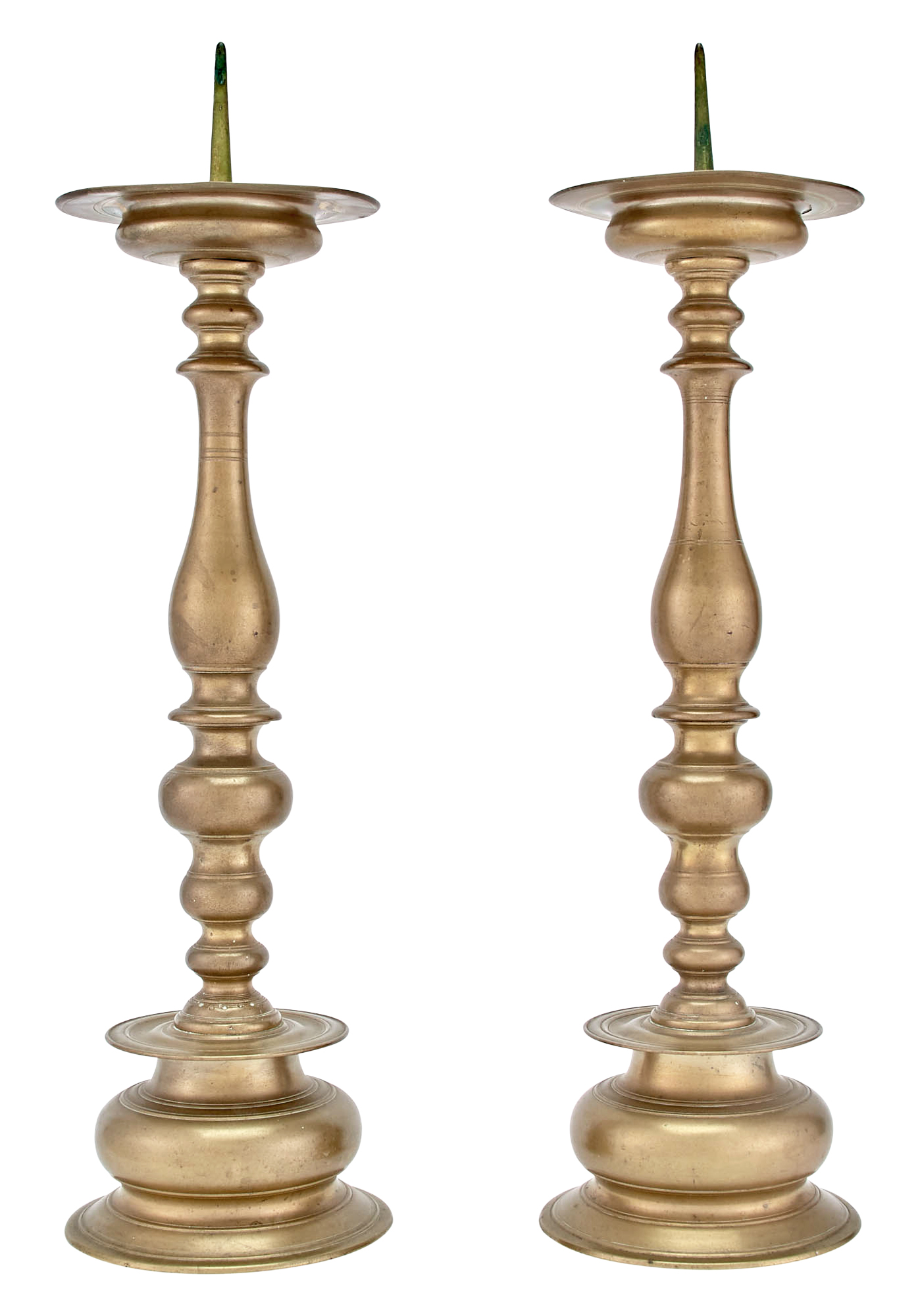 Lot image - Assembled Pair of Continental Brass Pricket Sticks