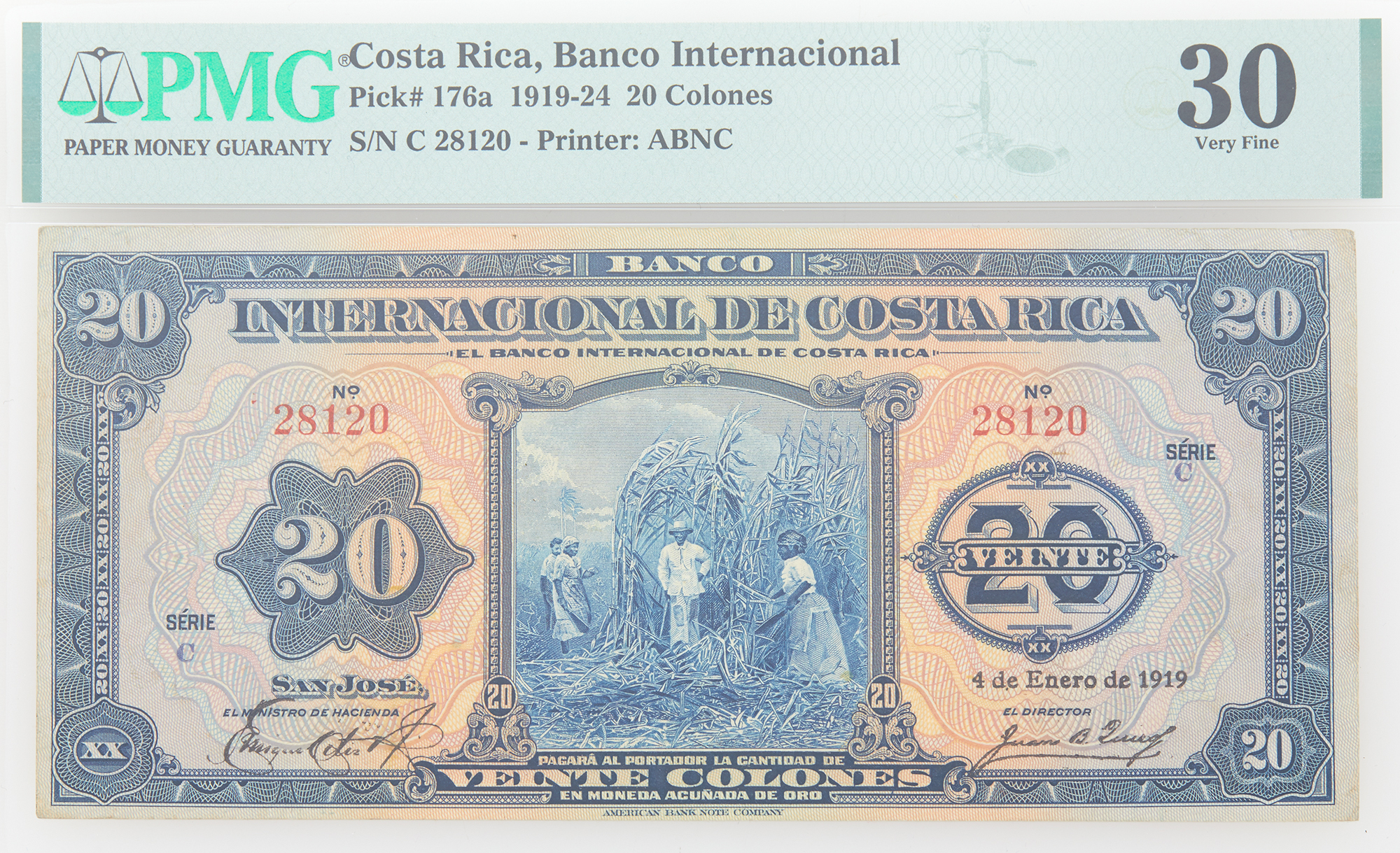 Lot image - Costa Rica, Banco Internacional Series C 1919 -24 Veinte Colones Pick# 176a PMG30