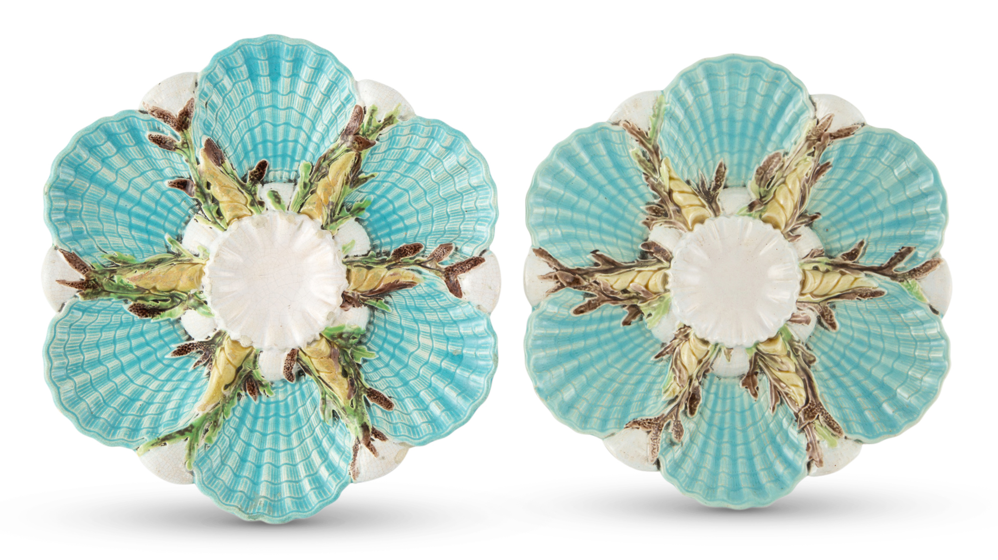 Lot image - Two George Jones & Sons Majolica Turquoise-Ground Oyster Plates