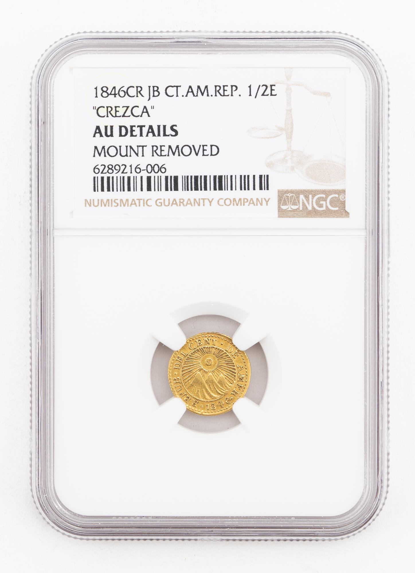 Lot image - Costa Rica, Central American Republic 1846 CR JB Gold 1/2 Escudo KM# 13 Fr. 5 NGC AU Details