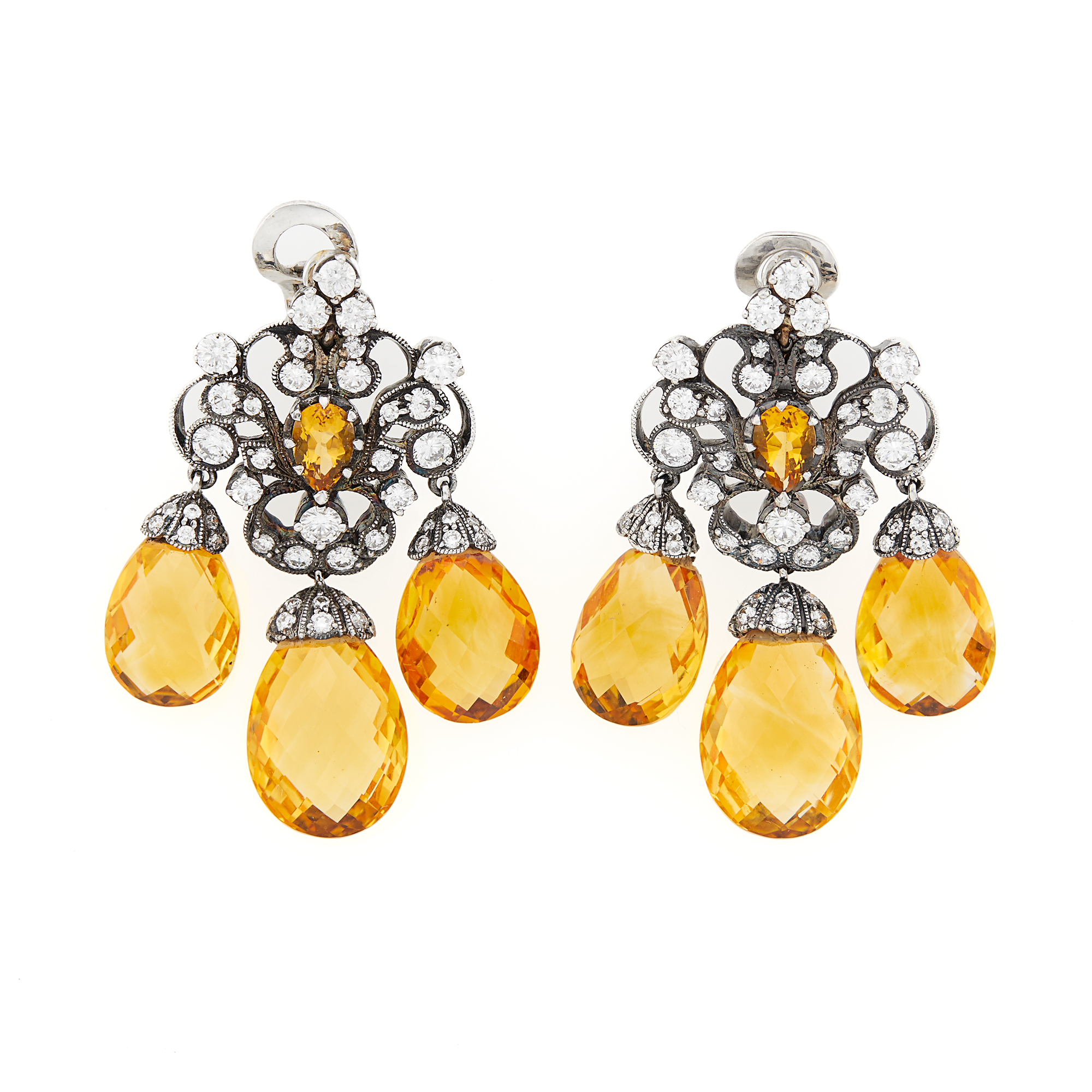 Lot image - Pair of Blackened White Gold, Citrine and Diamond Girandole Pendant-Earclips