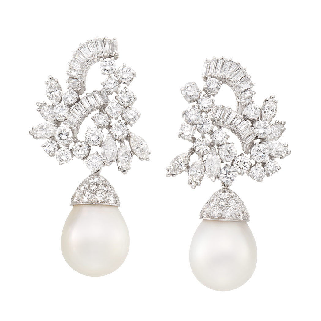 Lot image - Pair of Platinum, Diamond, Simulated Diamond and South Sea Cultured Pearl Pendant-Earclips