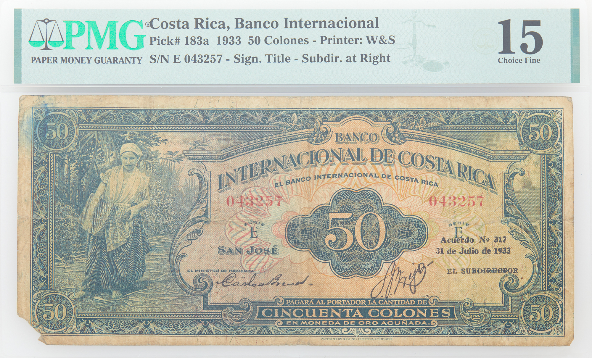 Lot image - Costa Rica 1933 Cincuenta Colones Pick# 183a  PMG 15