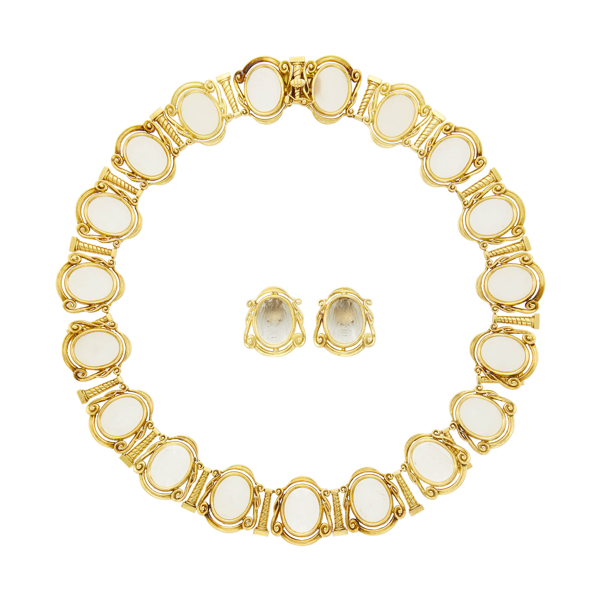 Lot image - Ilias Lalaounis Gold, Frosted Rock Crystal and Rock Crystal Intaglio Necklace and Pair of Earclips