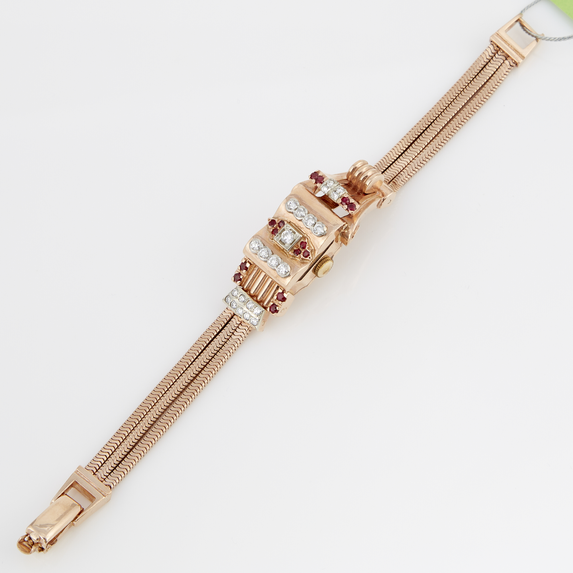 Lot image - Ladys Diamond and Stone Bracelet Watch, 24 diamonds about 0.85 ct., 17 Jewels, Swiss, 14K 25 dwt.   all