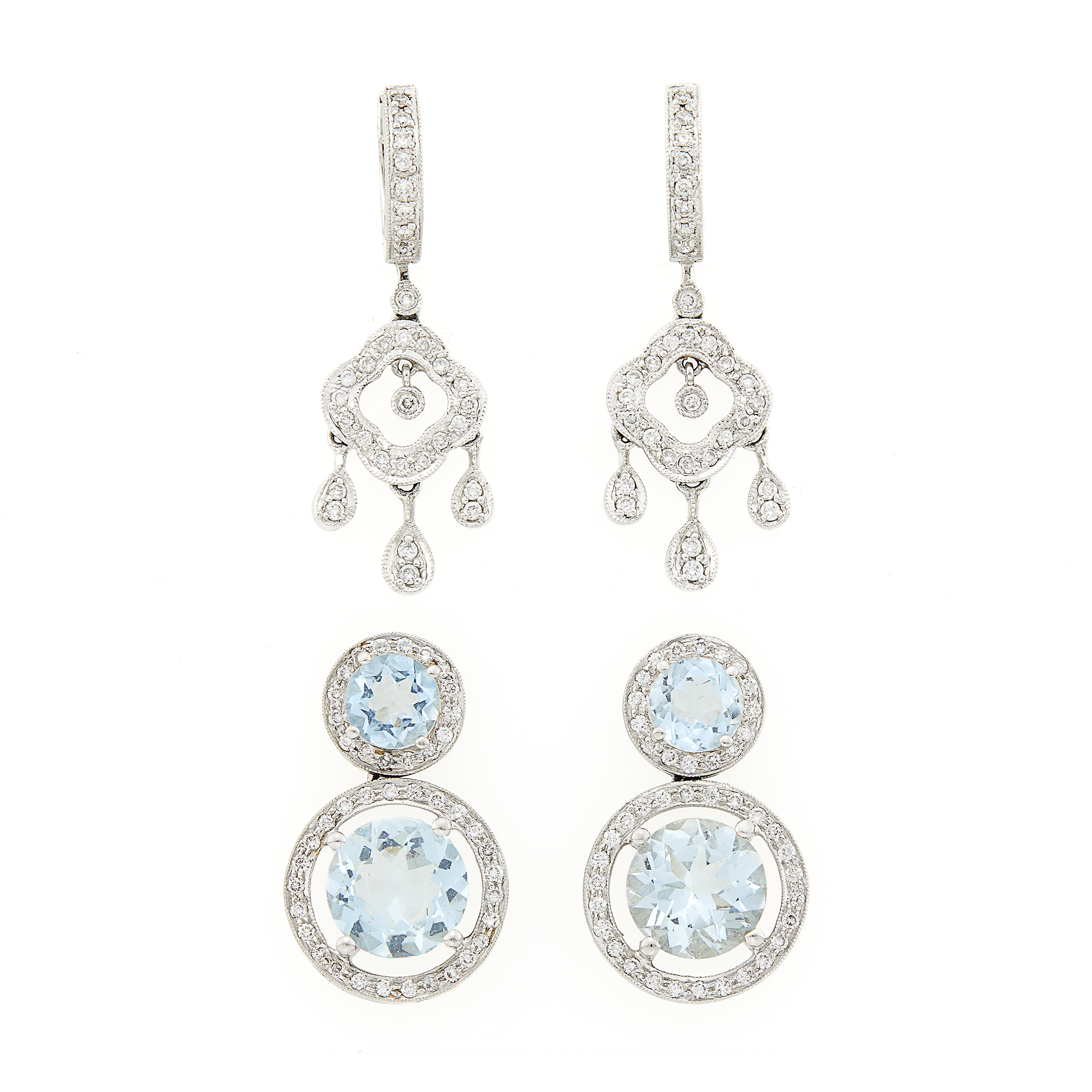 Lot image - Pair of White Gold, Aquamarine and Diamond Pendant-Earrings and Pair of White Gold and Diamond Fringe Hoop Pendant-Earrings