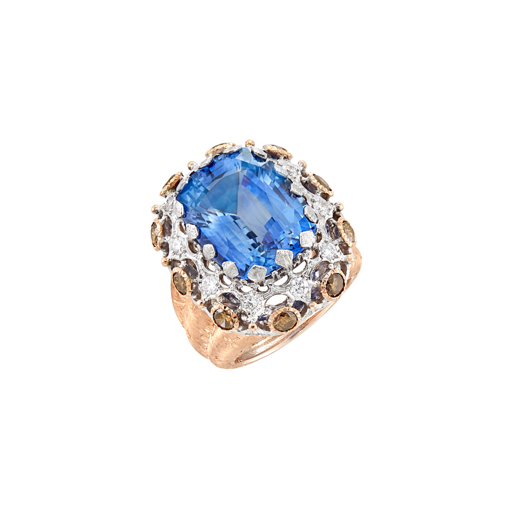 Lot image - Two-Color Gold, Sapphire, Diamond and Colored Diamond Ring, Mario Buccellati