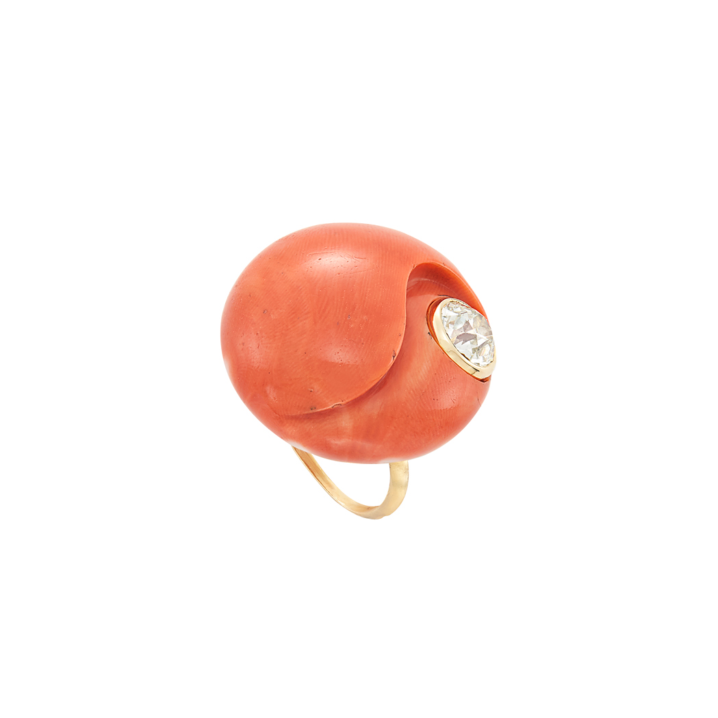 Lot image - Gold, Carved Coral and Diamond Ring, Sterle, Paris