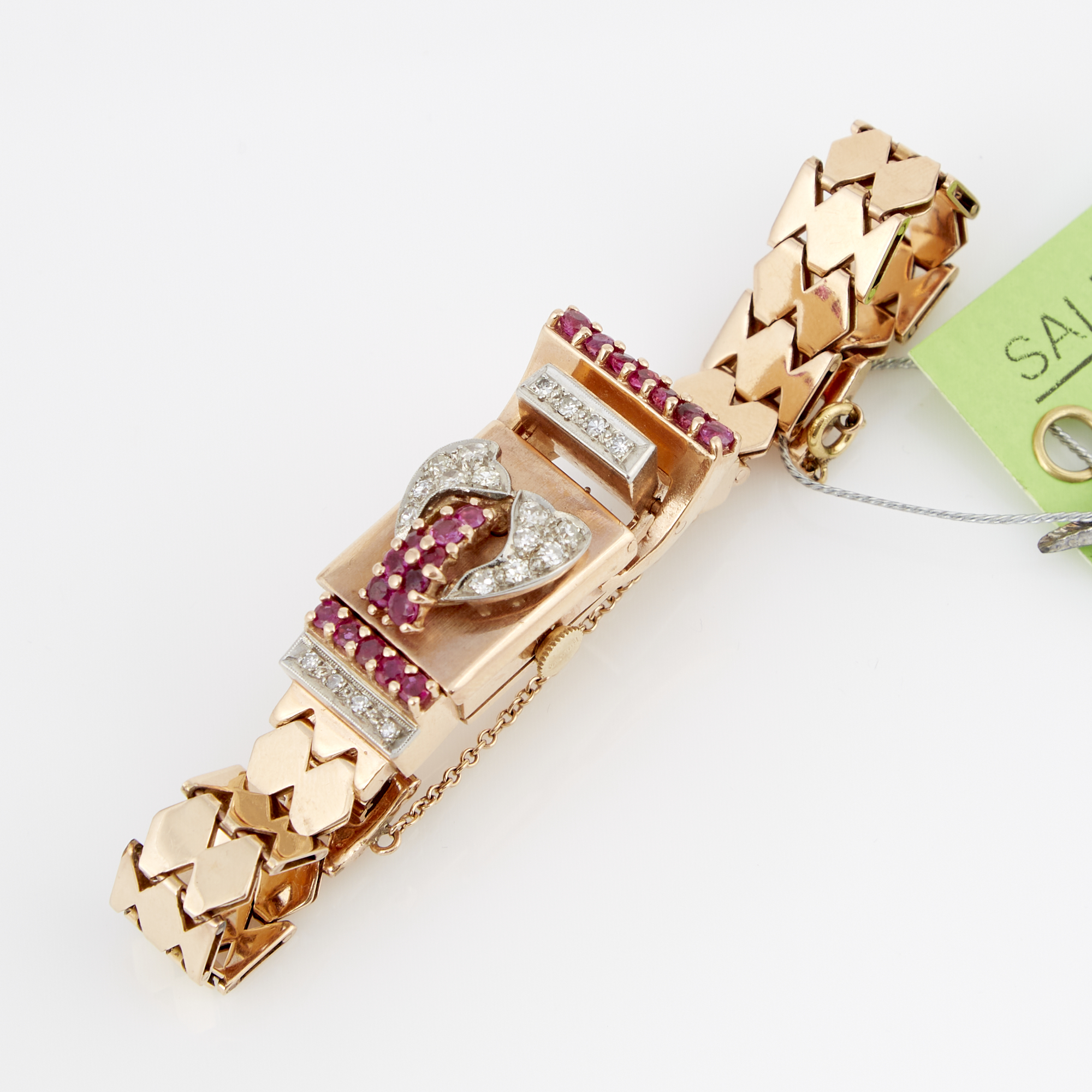 Lot image - Ladys Diamond and Stone Bracelet Watch, 20 diamonds about 0.50 ct., 17 Jewels, Swiss, 14K 26 dwt.   all