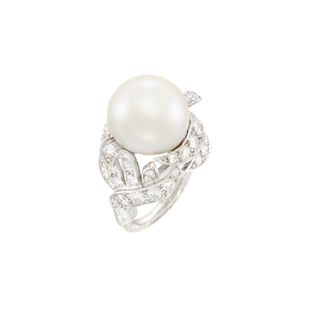 Lot image - Platinum, Cultured Pearl and Diamond Ring, Sterle, Paris