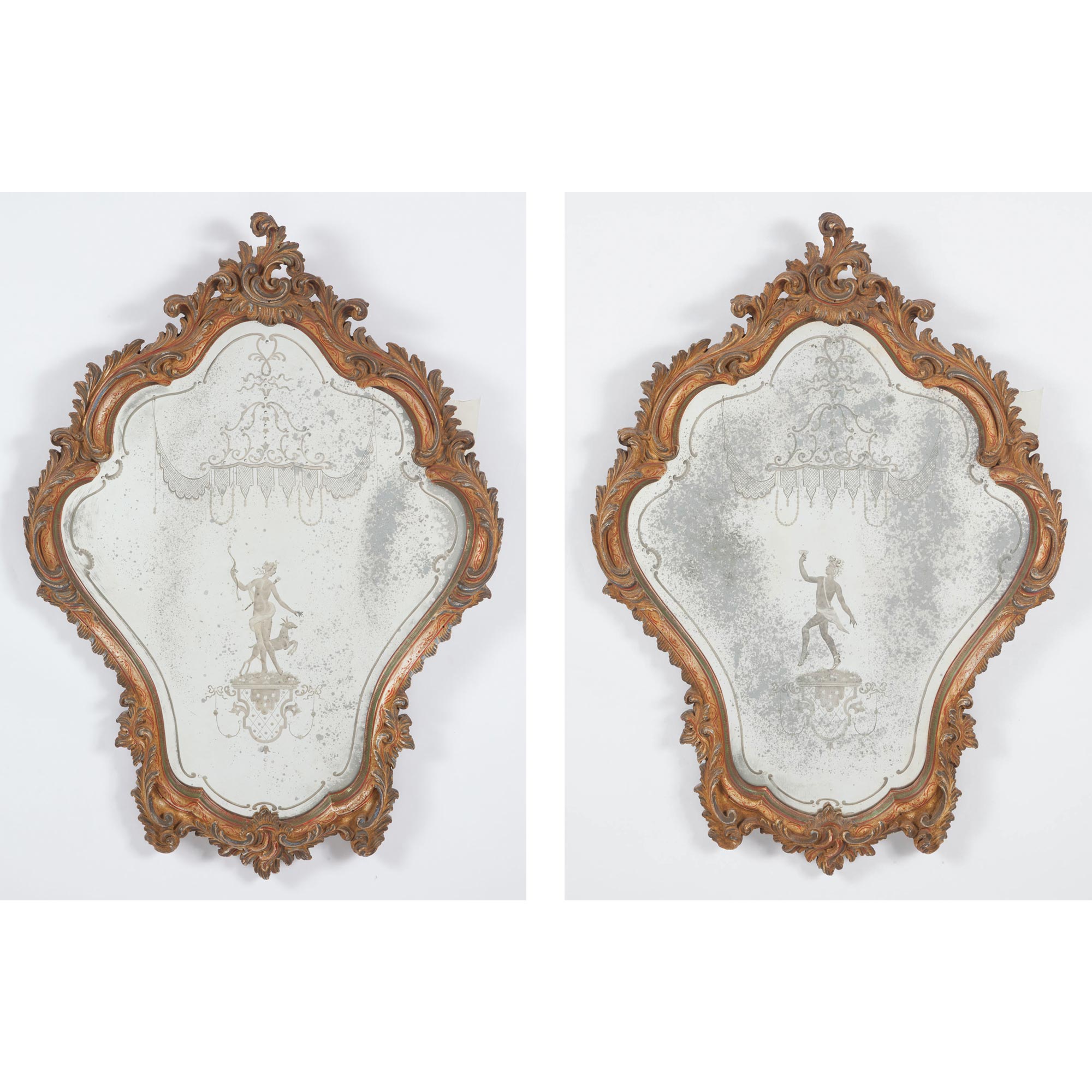 Lot image - Pair of Venetian Rococo Style Polychrome Painted and Etched Glass Mirrors