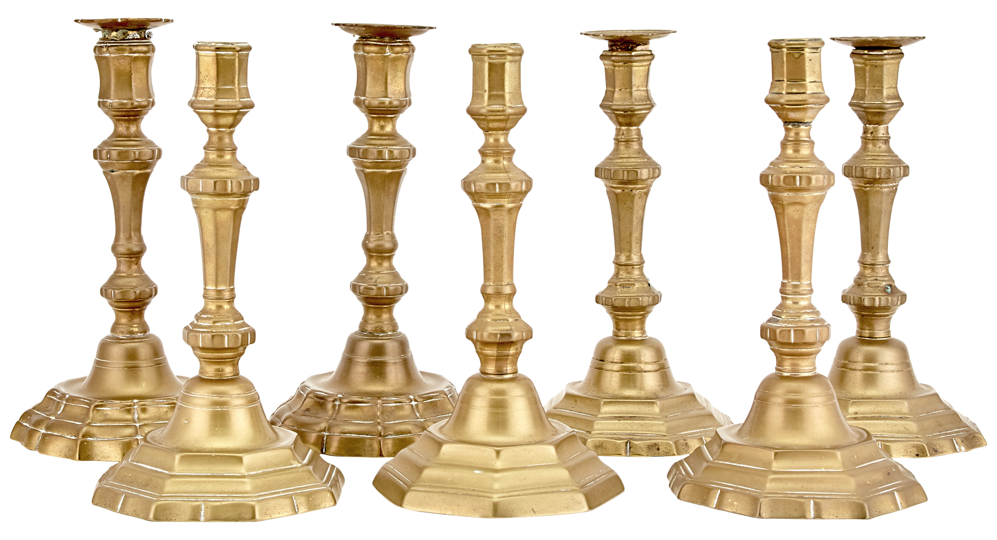 Lot image - Group of Seven Similar Continental Brass Candlesticks