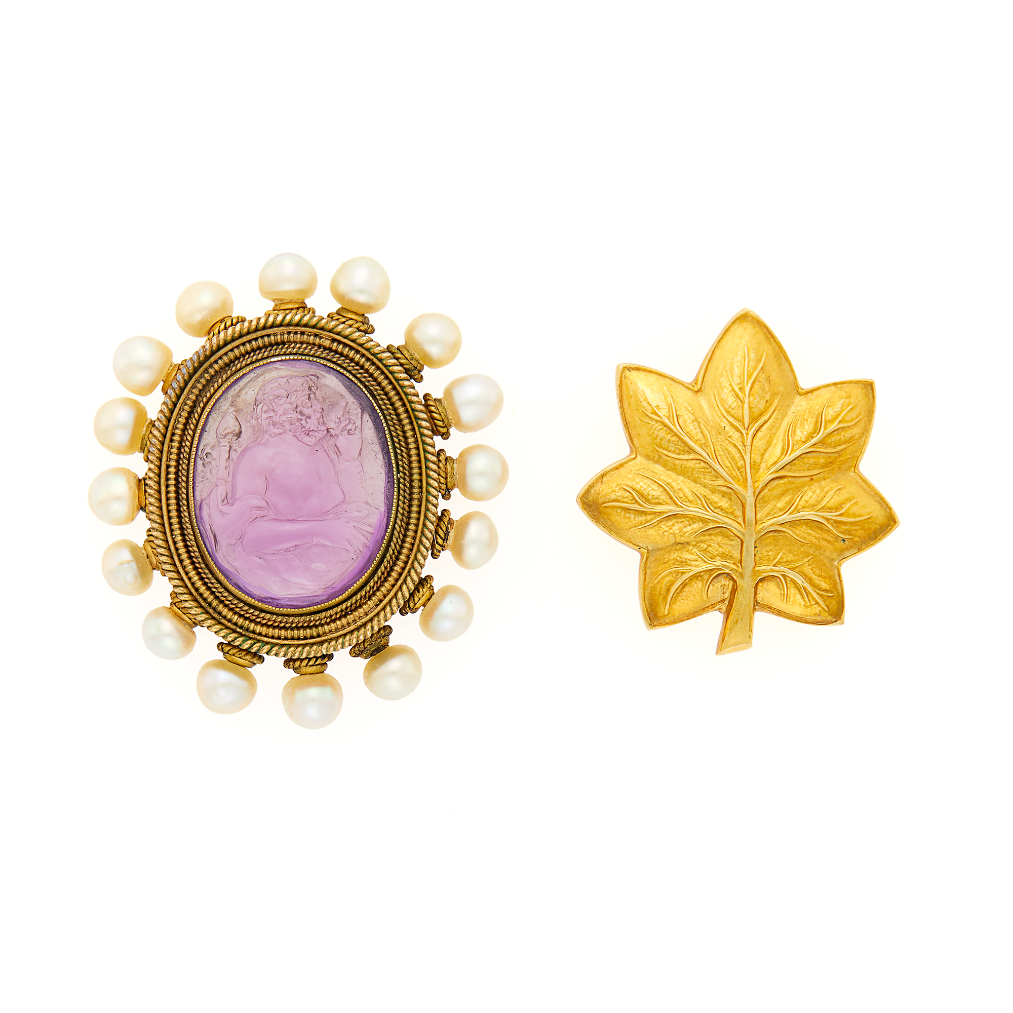 Lot image - Tiffany & Co. Gold Leaf Pin and Gold, Carved Amethyst Cameo and Pearl Brooch