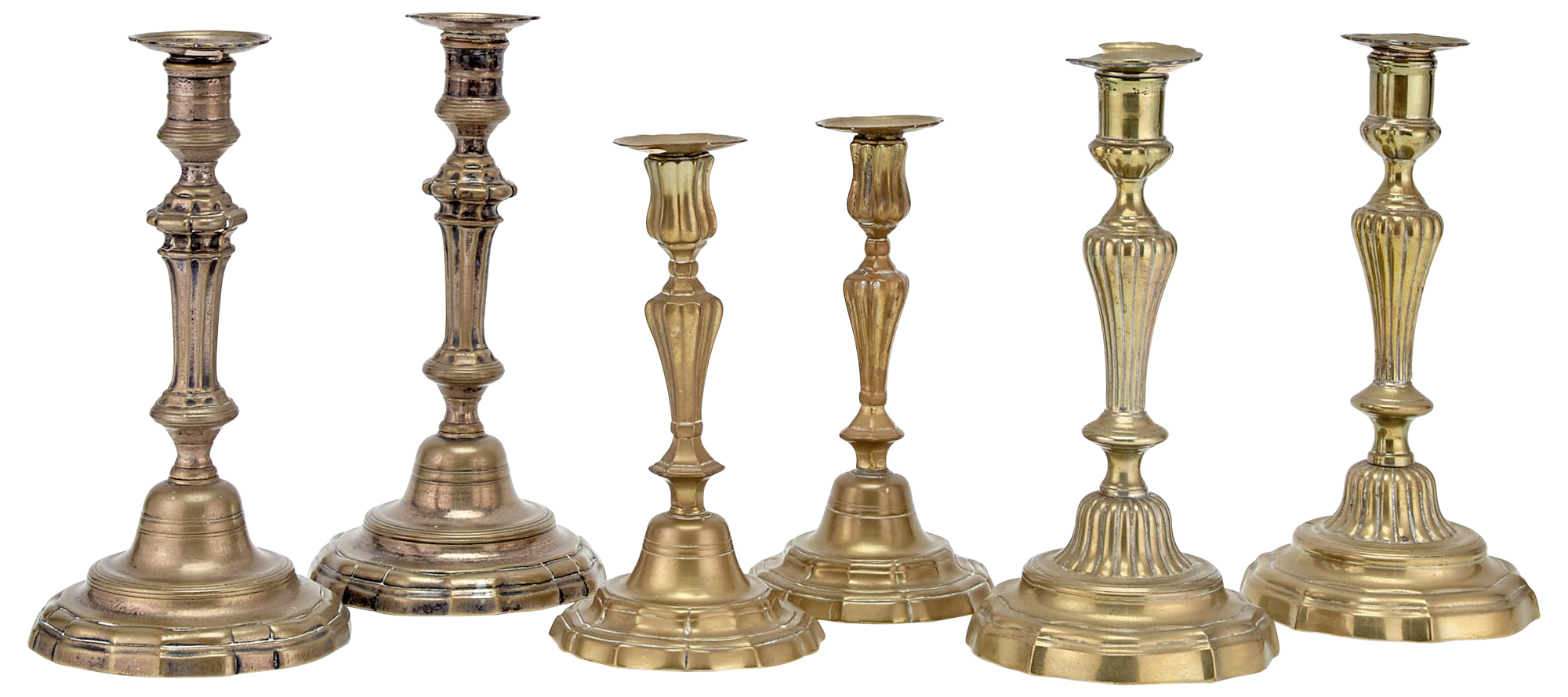 Lot image - Three Pairs of Continental Brass Candlesticks