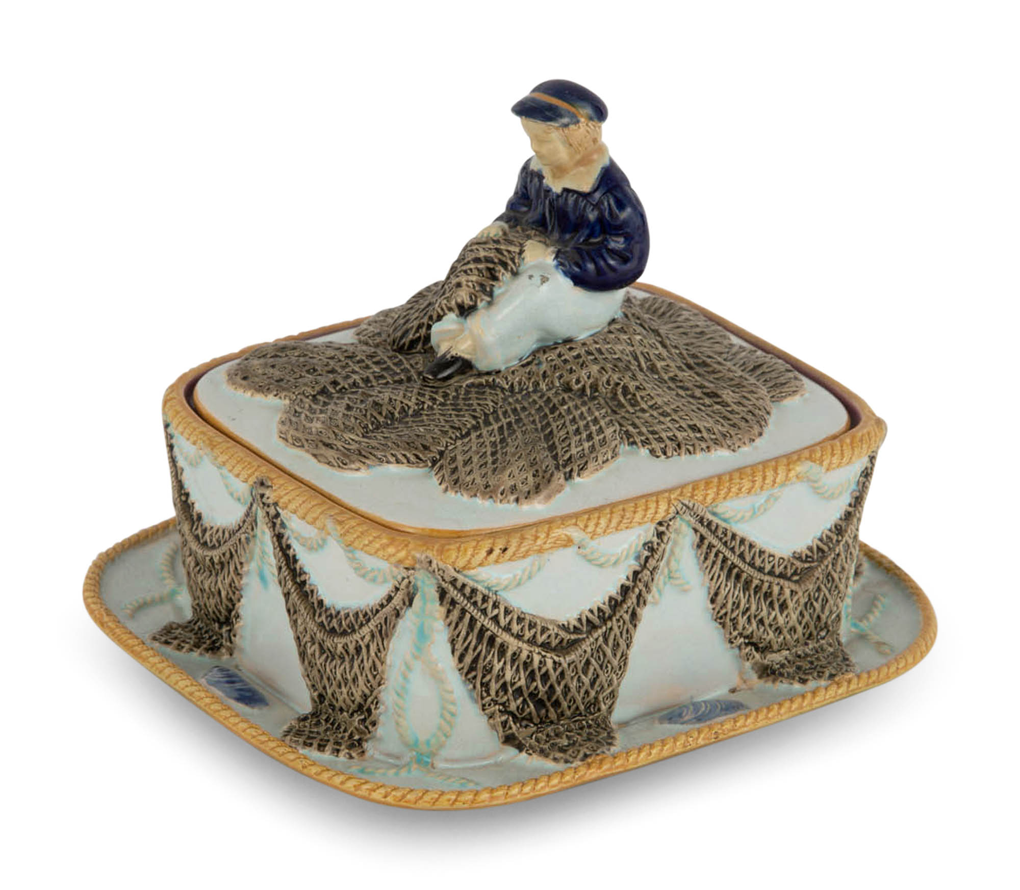 Lot image - George Jones & Sons Majolica White-Ground Fisherman with Net Sardine Box and Cover on Integral Stand