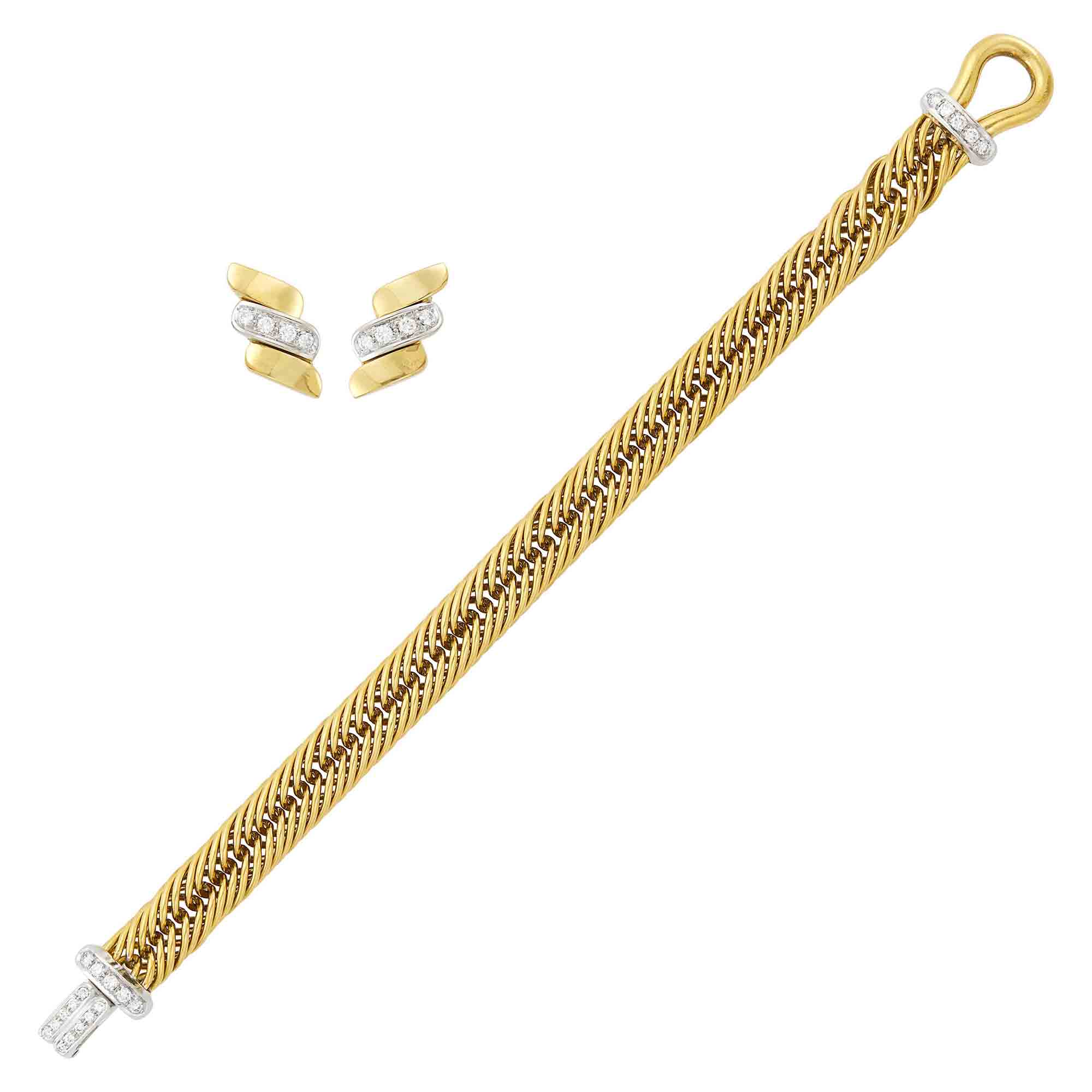 Lot image - Pomellato Two-Color Gold and Diamond Bracelet and Pair of Earclips