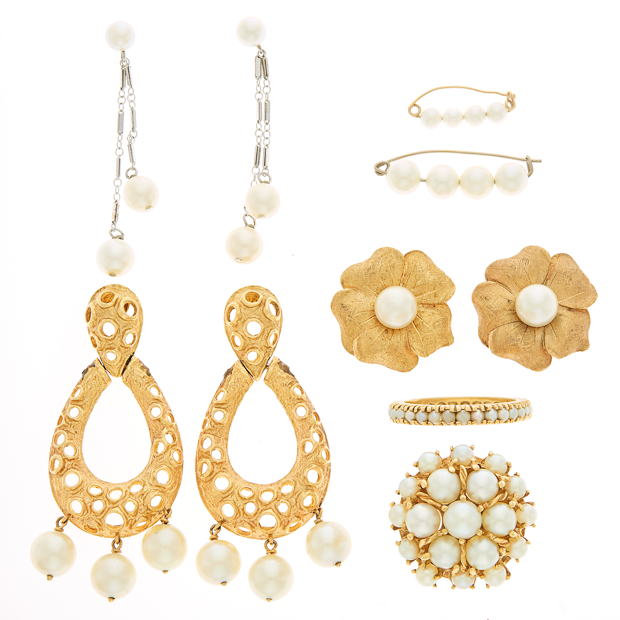 Lot image - Group of Yellow and White Gold and Cultured Pearl Jewelry