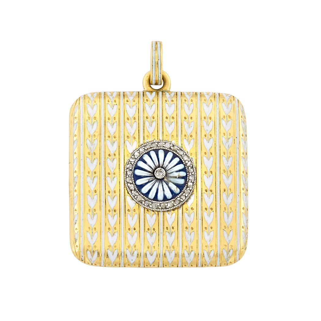 Lot image - Gold, Platinum, Enamel, Porcelain and Diamond Double-Sided 'Daisy' Locket-Pendant