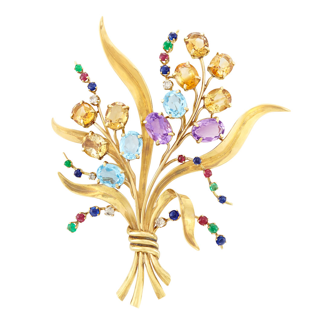 Lot image - Gold, Gem-Set and Diamond Flower Bouquet Brooch