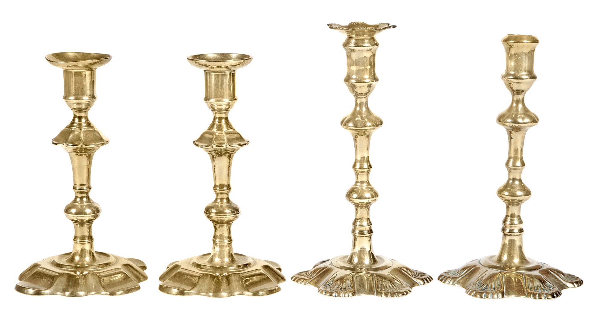 Lot image - Two Pairs of English Brass Candlesticks