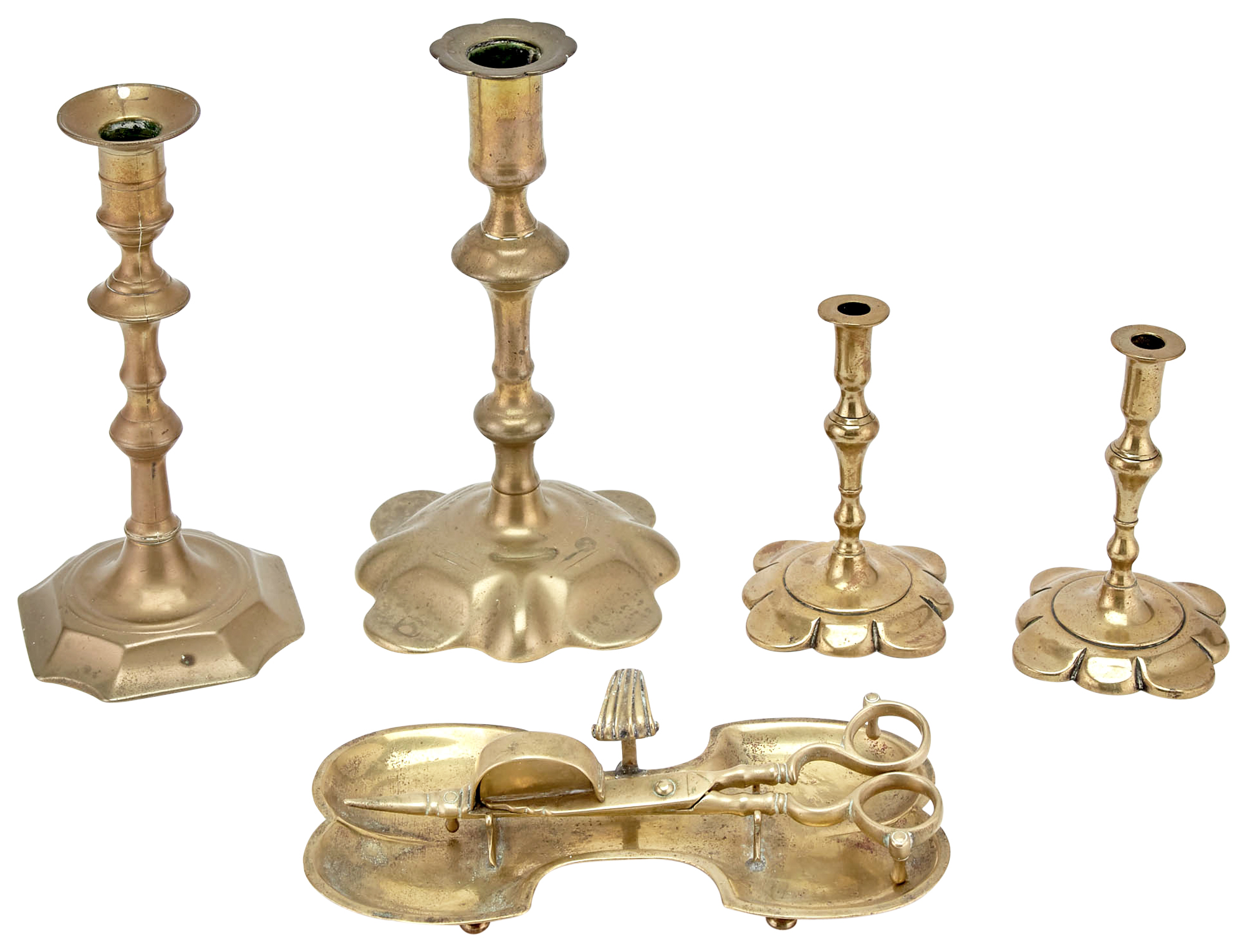 Lot image - Four Georgian Brass Candlesticks and a Pair of Brass Wick Trimmer Scissors on Stand