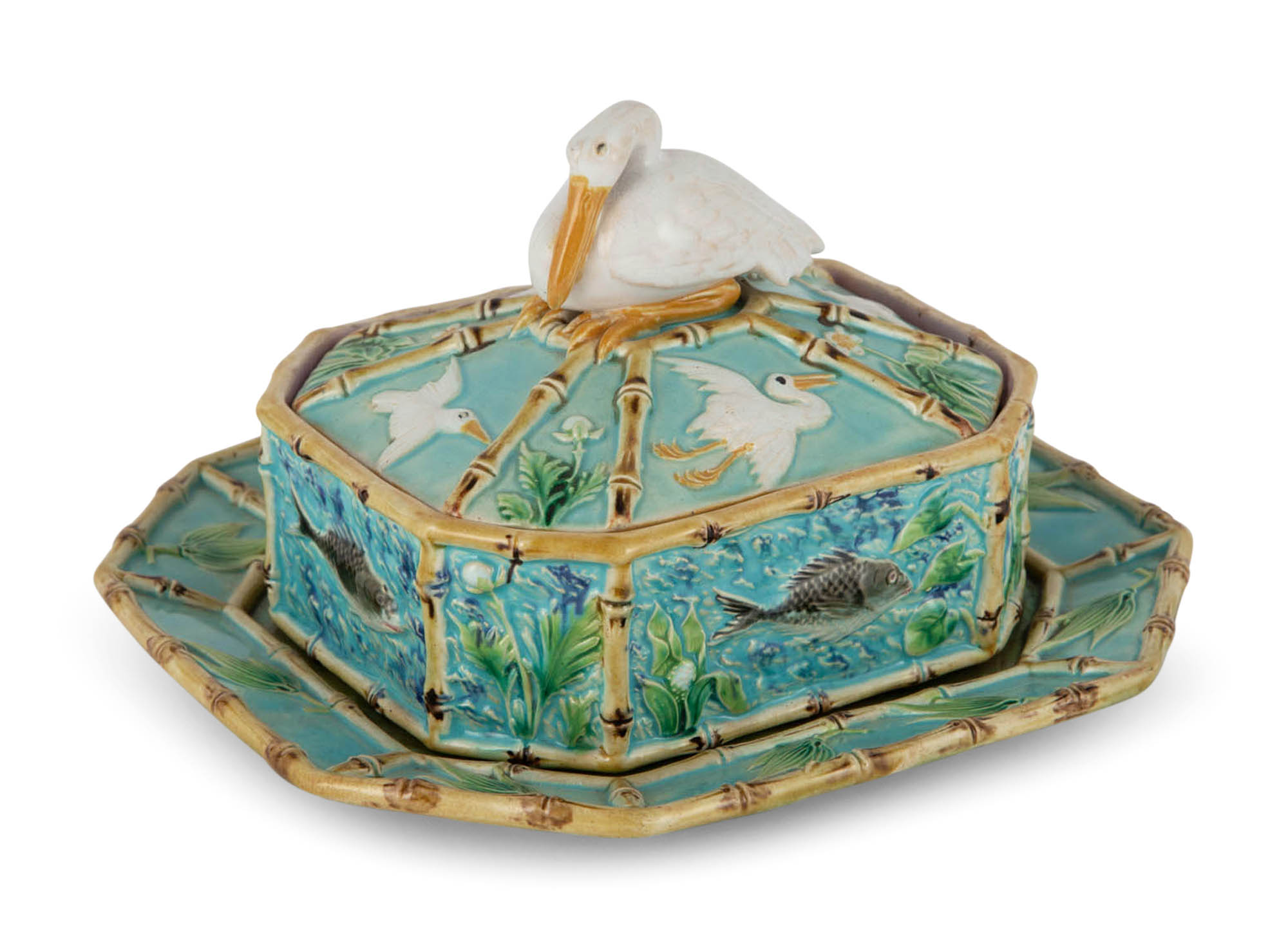 Lot image - George Jones Majolica Pelican Sardine Box, Cover and Stand