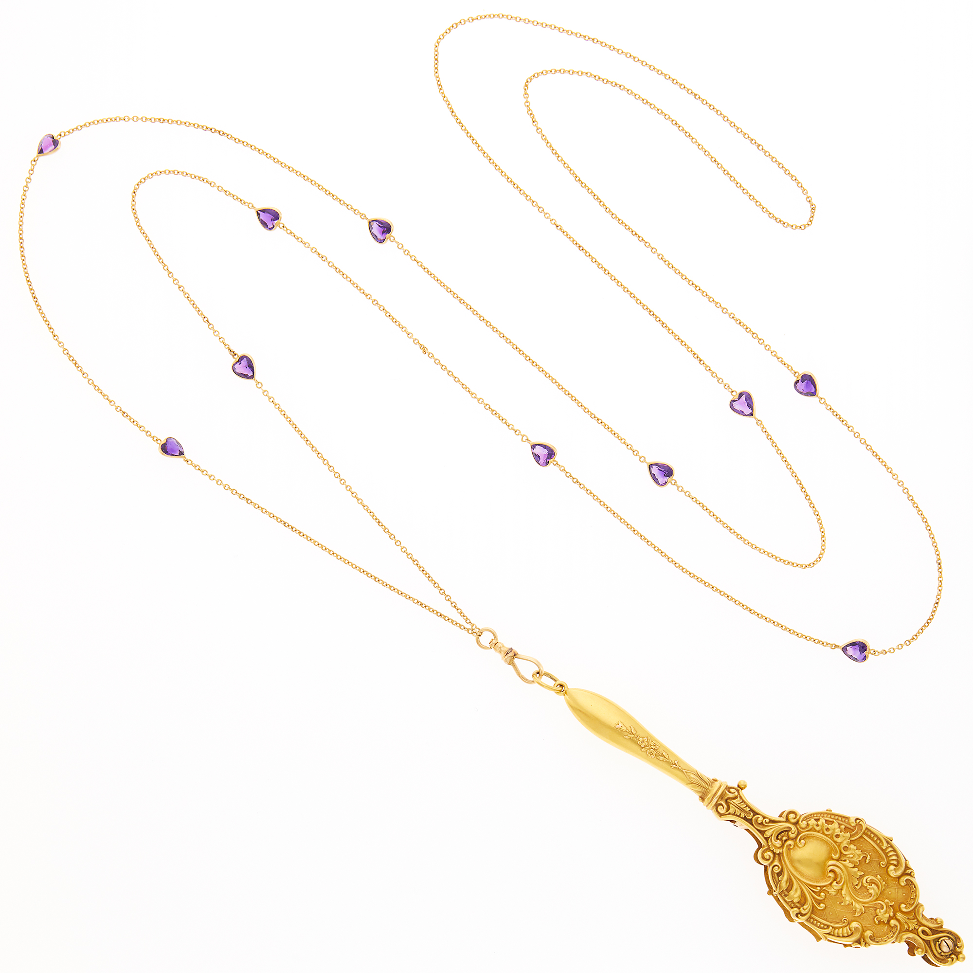 Lot image - Gold and Amethyst Lorgnette with Long Gold and Amethyst Chain Necklace